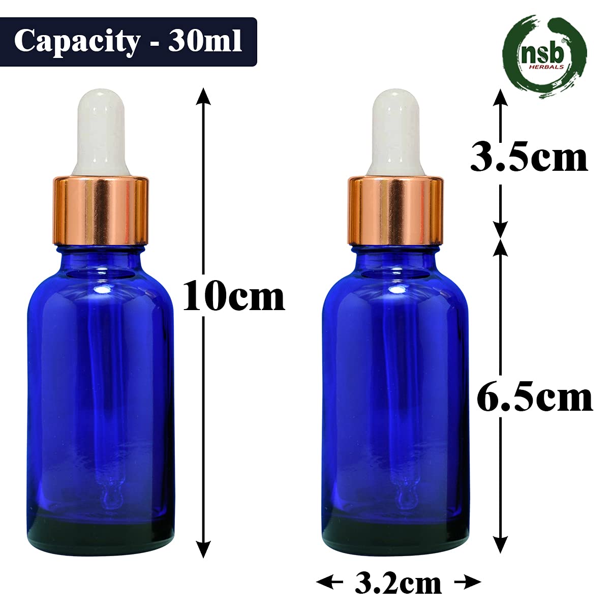 NSB Herbals 30ml Blue Round Empty Glass Bottle with Glass Dropper, Gold Ring & White Silicone Teat - Refillable, Leak Proof for Essential Oils, Perfumes, DIY Beauty (Pack of 3) - Perfect for Travel, Home Use & Gift Giving