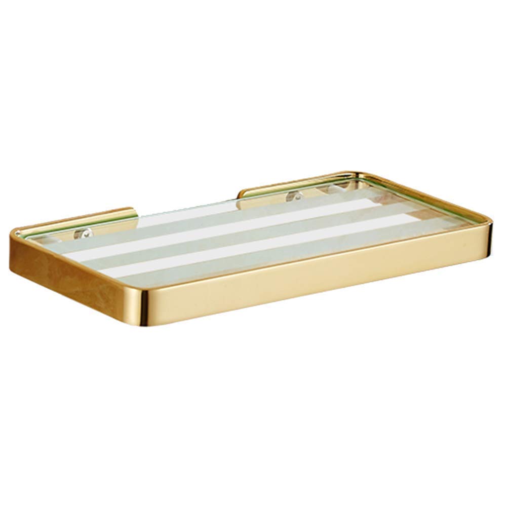 Multifunctional Wall Mounted Shelf - Tempered Glass Bathroom Organizer with Copper Frame for Cosmetic Storage (Gold, 255x125x20mm) - Perfect for Small Space Organization in Bathroom, Bedroom or Kitchen