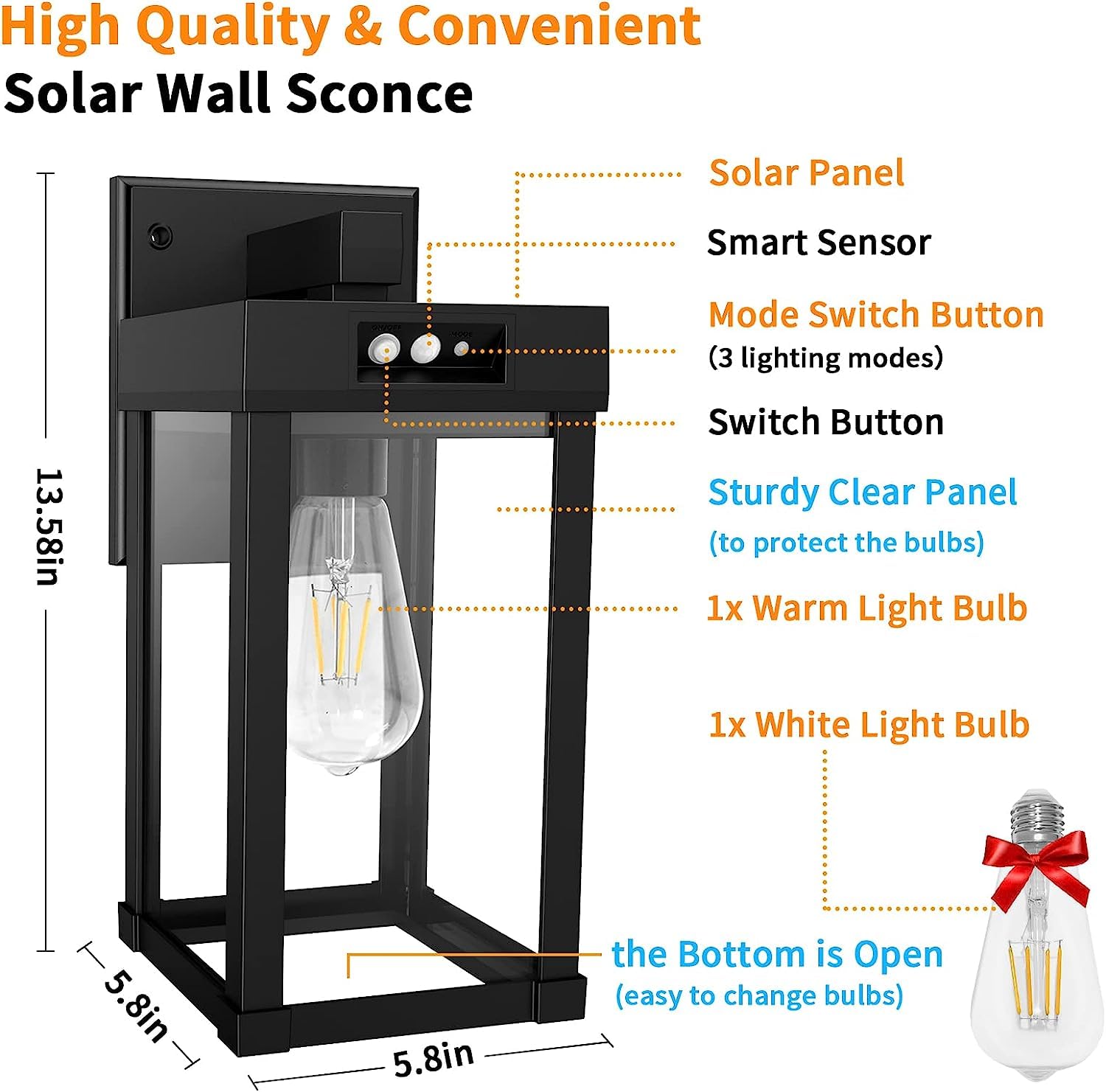Teilybao Solar Wall Lanterns Outdoor - Waterproof Solar Sconce Lights with 3200K Warm & 6500K White Bulbs, Clear Panel & 3 Lighting Modes - Perfect for Garage, Porch, Patio, Garden, Pathway (2 Pack) - Energy-Efficient Outdoor Lighting for Home Security & Decoration