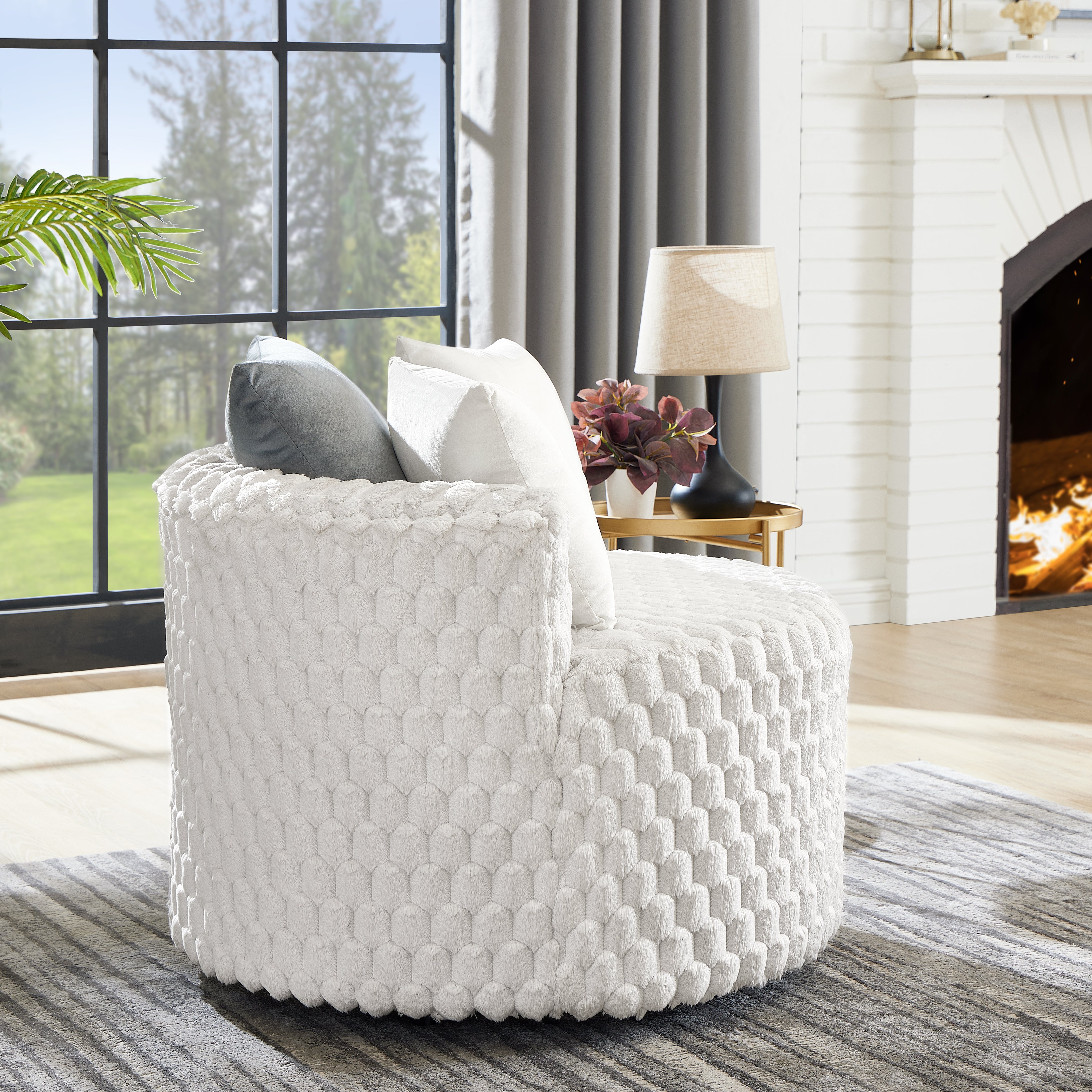 Roundhill Furniture Malna Plush 3D Upholstered Barrel Accent Chair with Wheels in Off White - Modern Rolling Lounge Chair for Living Room, Bedroom or Office