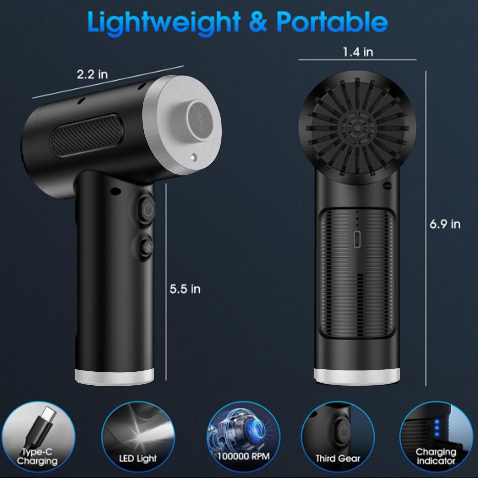 Rechargeable Electric Air Duster - 100,000 RPM High-Speed Compressed Air Blower for Computers, Keyboards & Electronics | 3-Speed Adjustable, LED Light, 8-Piece Cleaning Kit | Perfect for PC Maintenance, Dusting Electronics & Car Detailing