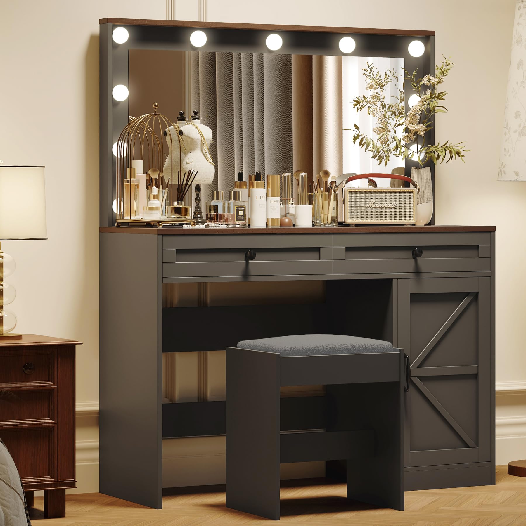 Vanity Desk Set with Large LED Mirror & PU Stool - 2 Drawers, Side Table, 11 Adjustable Color Bulbs - Glass Top Makeup Dressing Table for Bedroom, Black - Perfect for Makeup, Skincare & Home Decor