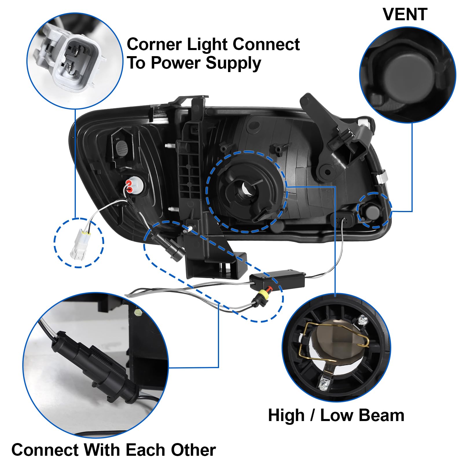 LED Headlight Assembly with Daytime Running Lights - Compatible with 2001-2004 Toyota Tacoma (Bumper & Corner Lights) | Durable Replacement for Improved Night Visibility & Off-Road Driving