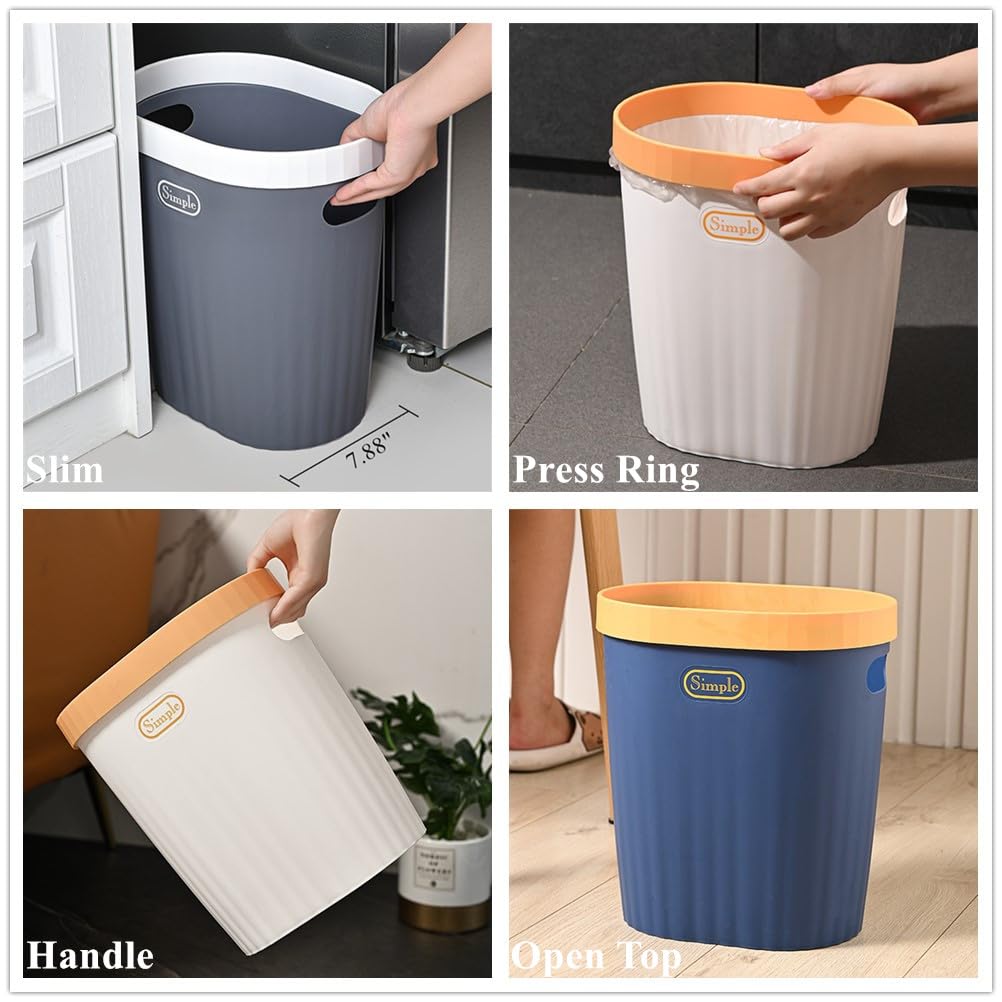 Slim Plastic Trash Can with Handle & Press Ring - Narrow Waste Basket for Bathroom, Bedroom, Kitchen & Office - Space-Saving Garbage Bin for Small Spaces, Under Sink, Vanity or Cabinet (Gray)