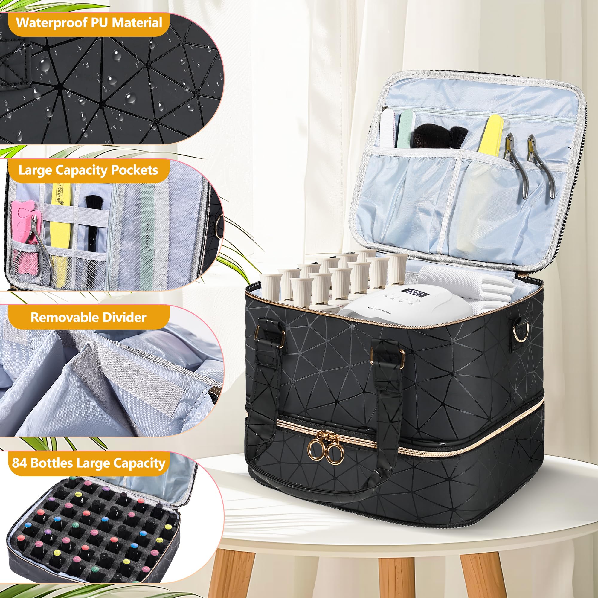 Large Nail Polish Organizer Bag - Holds 84 Bottles & Nail Lamp, PU Leather Travel Case for Nail Art Tools | Portable Storage for Salon Professionals & DIY Manicures at Home
