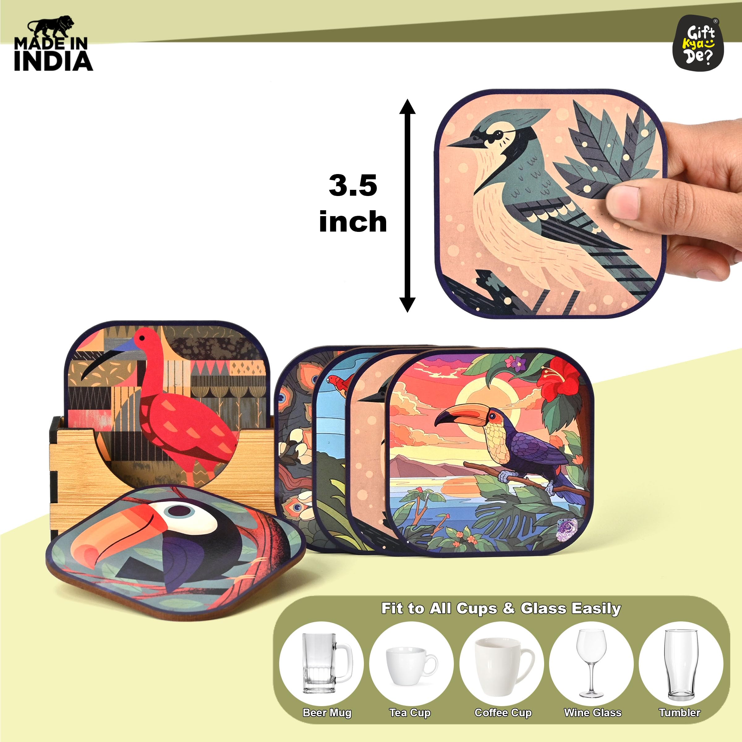 GKD Set of 6 Wooden Coasters with Birds Design - 3.8 x 3.8 Inch Eco-Friendly Drink Coasters for Tea Cups, Coffee Mugs & Glasses - Perfect for Home, Office & Restaurant Use