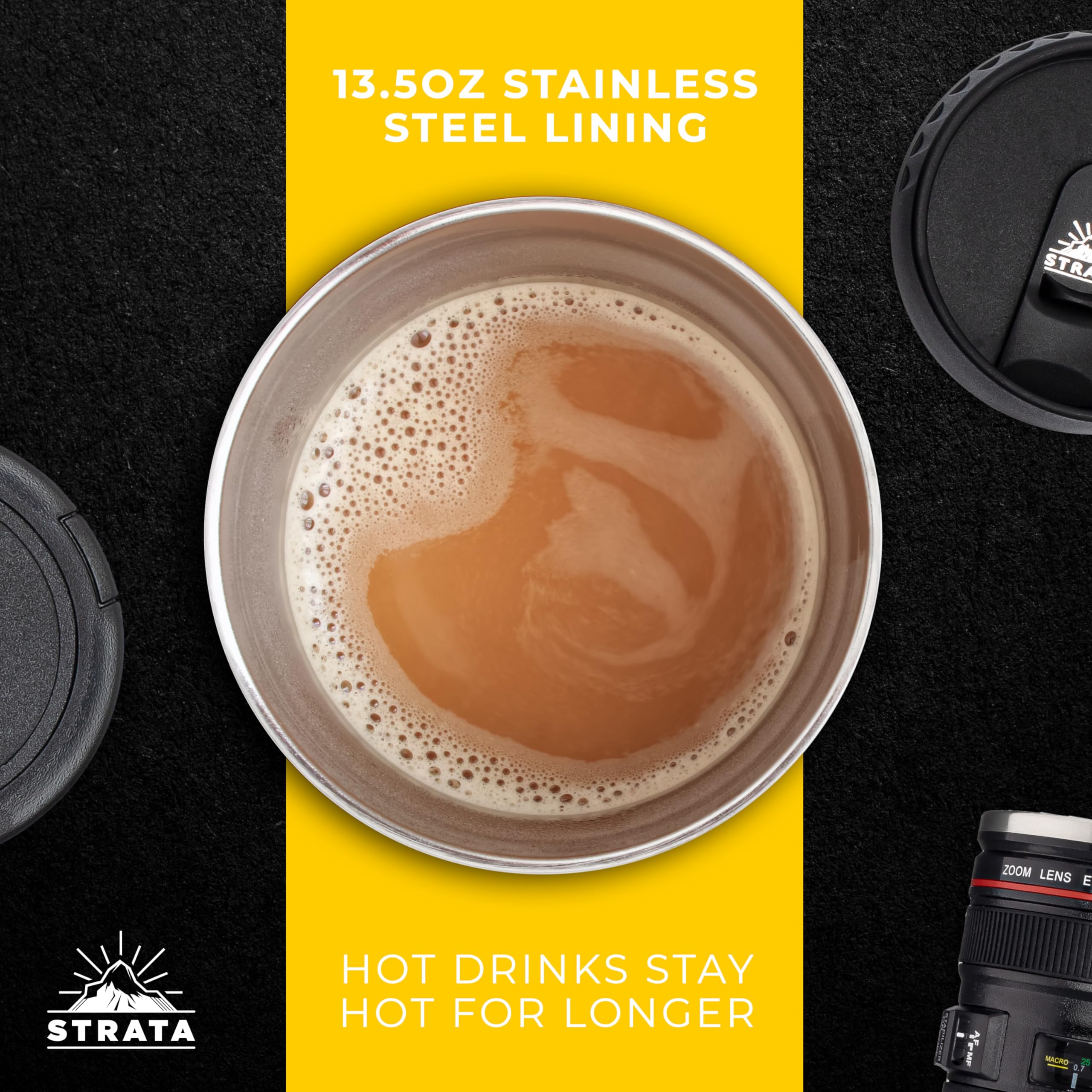 STRATA CUPS 13.5oz Camera Lens Coffee Mug with 2 Lids, Spoon & Gift Bag - Perfect Photography Gift for Men, Dad, Photographers - Great for Office, Home Use & Camera Enthusiast Collections