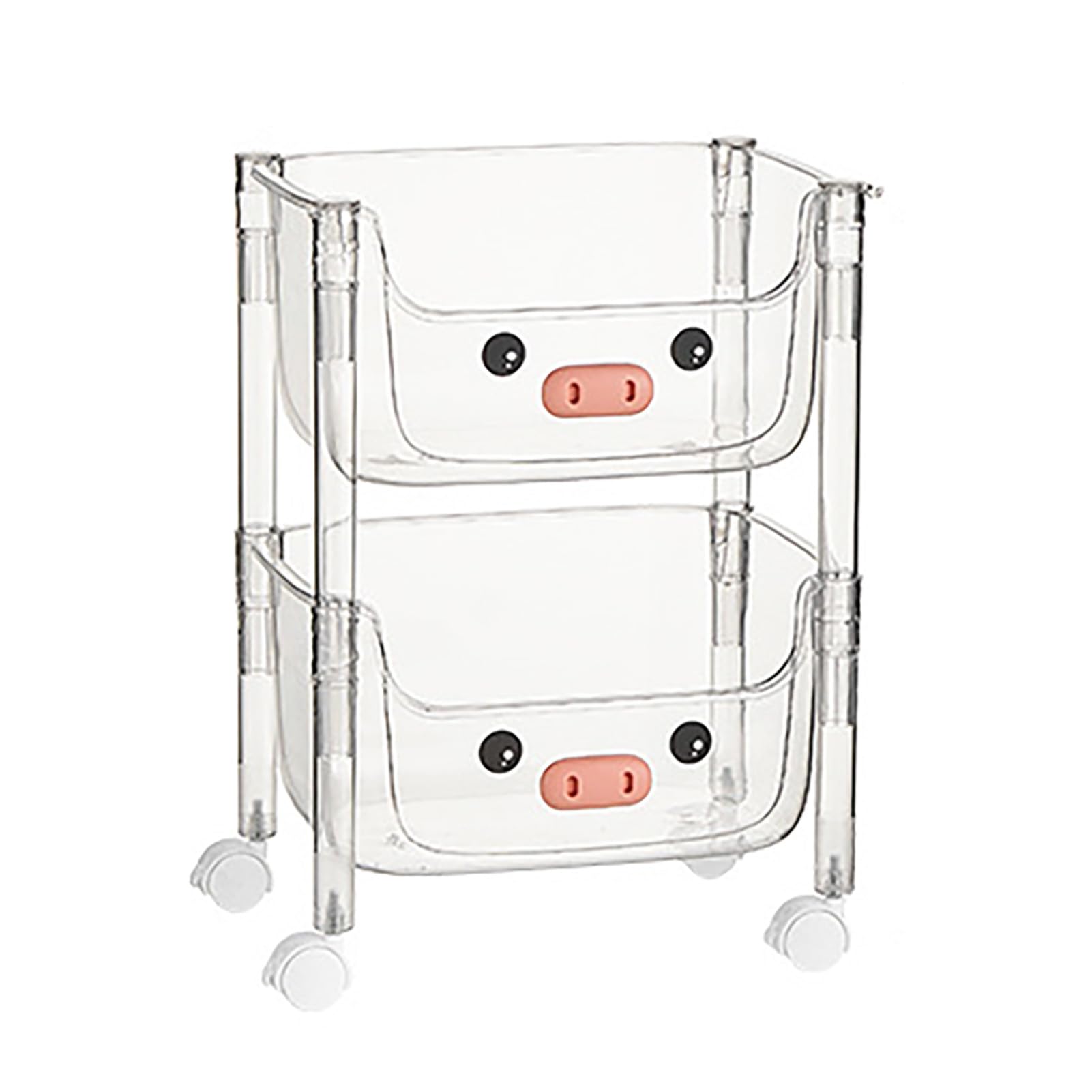 Sturdy 2-Tier Plastic Rolling Cart with Pig Nose Design - Kids Toy Storage Organizer & Snack Caddy for Playroom, Bedroom, or Kitchen Organization