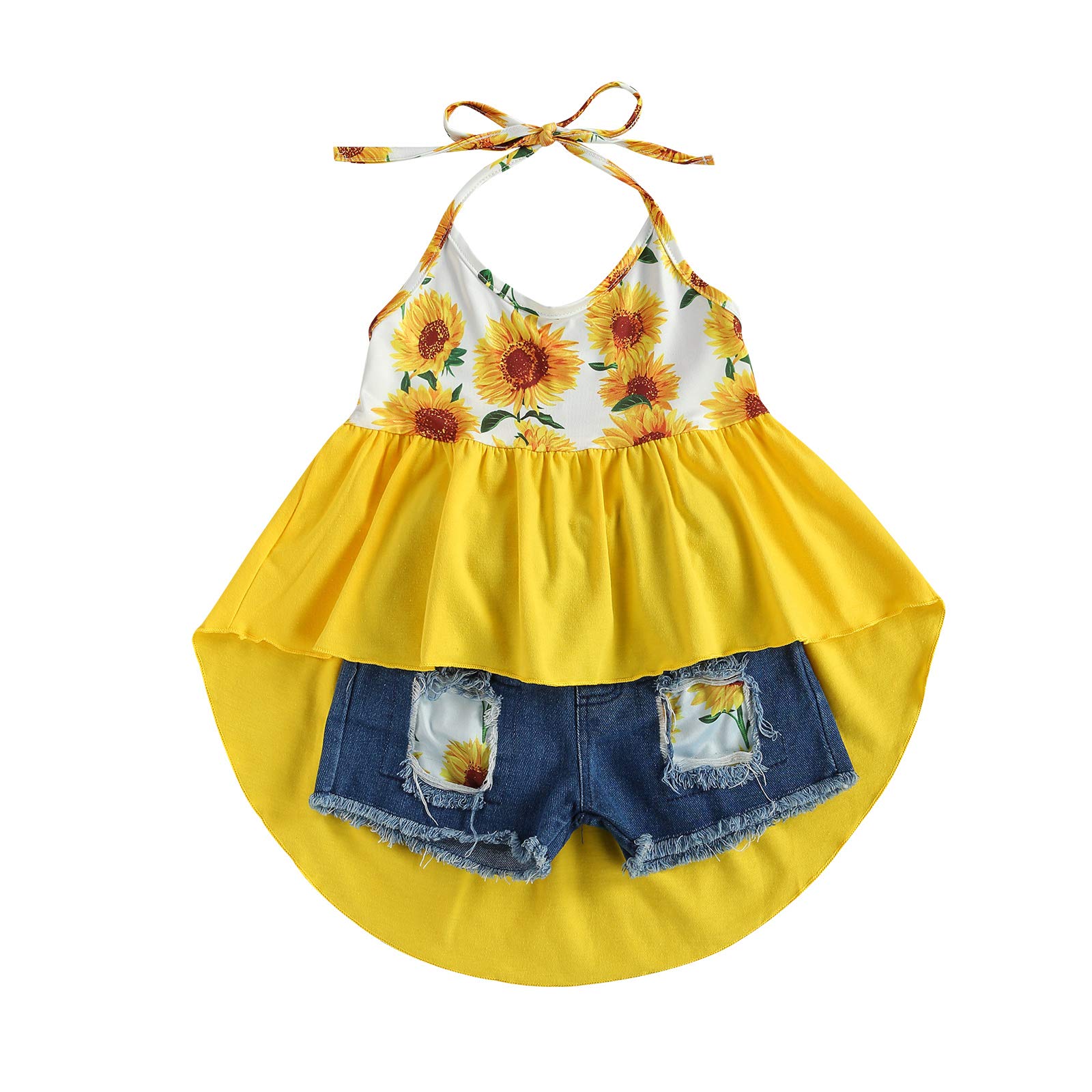 Girls Sunflower Print Outfit Set - Sleeveless Asymmetrical Hem Tank Top & Distressed Denim Shorts with Elastic Waist | Summer Playdate & Beach Vacation Outfit