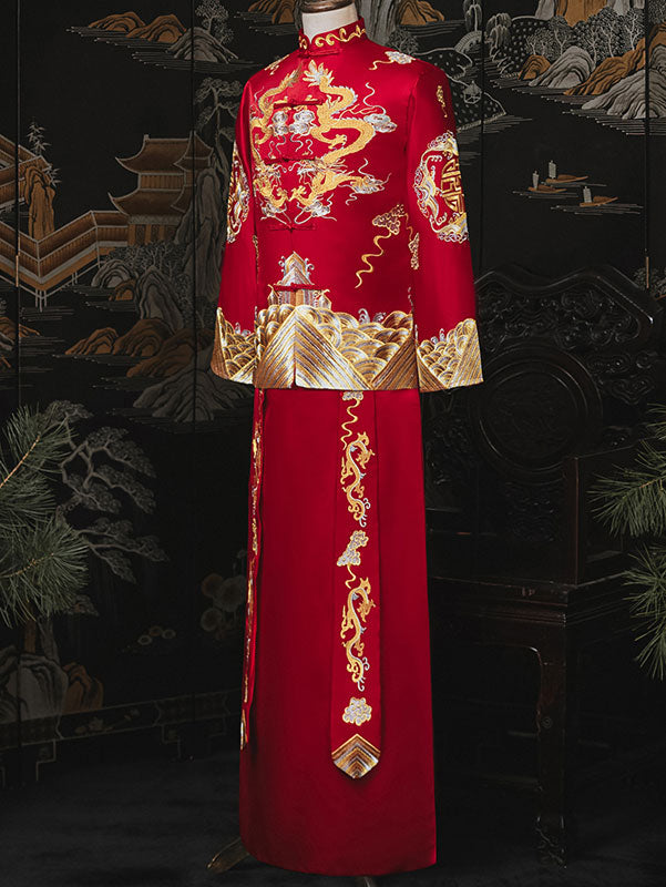 Embroidered Dragon Men's Traditional Chinese Wedding QunKwa Jacket & Skirt Set - Perfect for Asian Ceremonies, Cultural Events, and Photoshoots