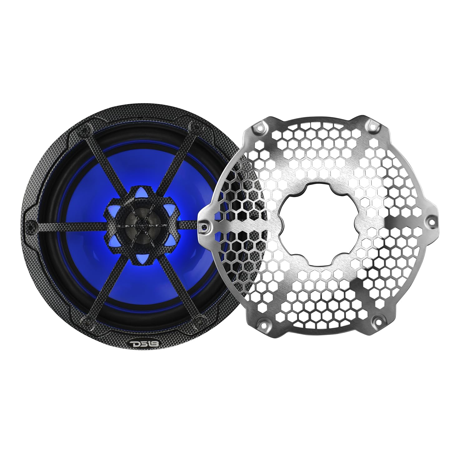 DS18 Hydro CF-8M 8 Inch 2-Way Coaxial Marine Speakers with RGB LED Lights - 125W RMS 4-Ohm Waterproof Boat Audio System, UV Resistant Carbon Fiber Design (Pair of 8