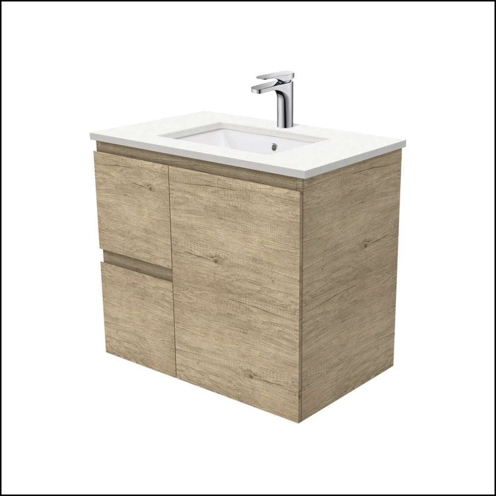 Fienza Crystal Pure SC75SL 750mm Undermount Stone Top Bathroom Vanity with Scandi Oak Finish - Wall Mounted Left Drawer Storage for Modern Bathrooms | Perfect for Small Spaces & Contemporary Home Decor