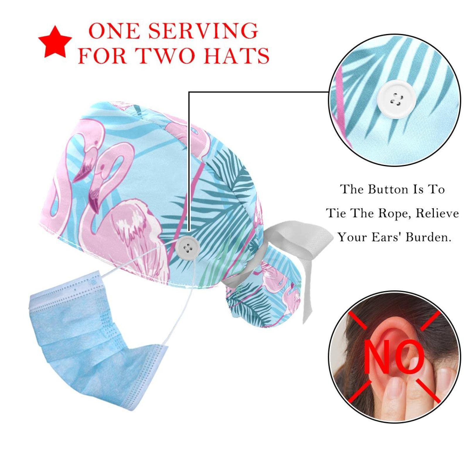 Flamingo Print Scrub Hats for Women & Men - 2 Pack Surgical Caps with Button Closure & Sweatband for Long Hair - Comfortable Unisex Tie Back Medical Hats for Nurses, Doctors & Healthcare Workers