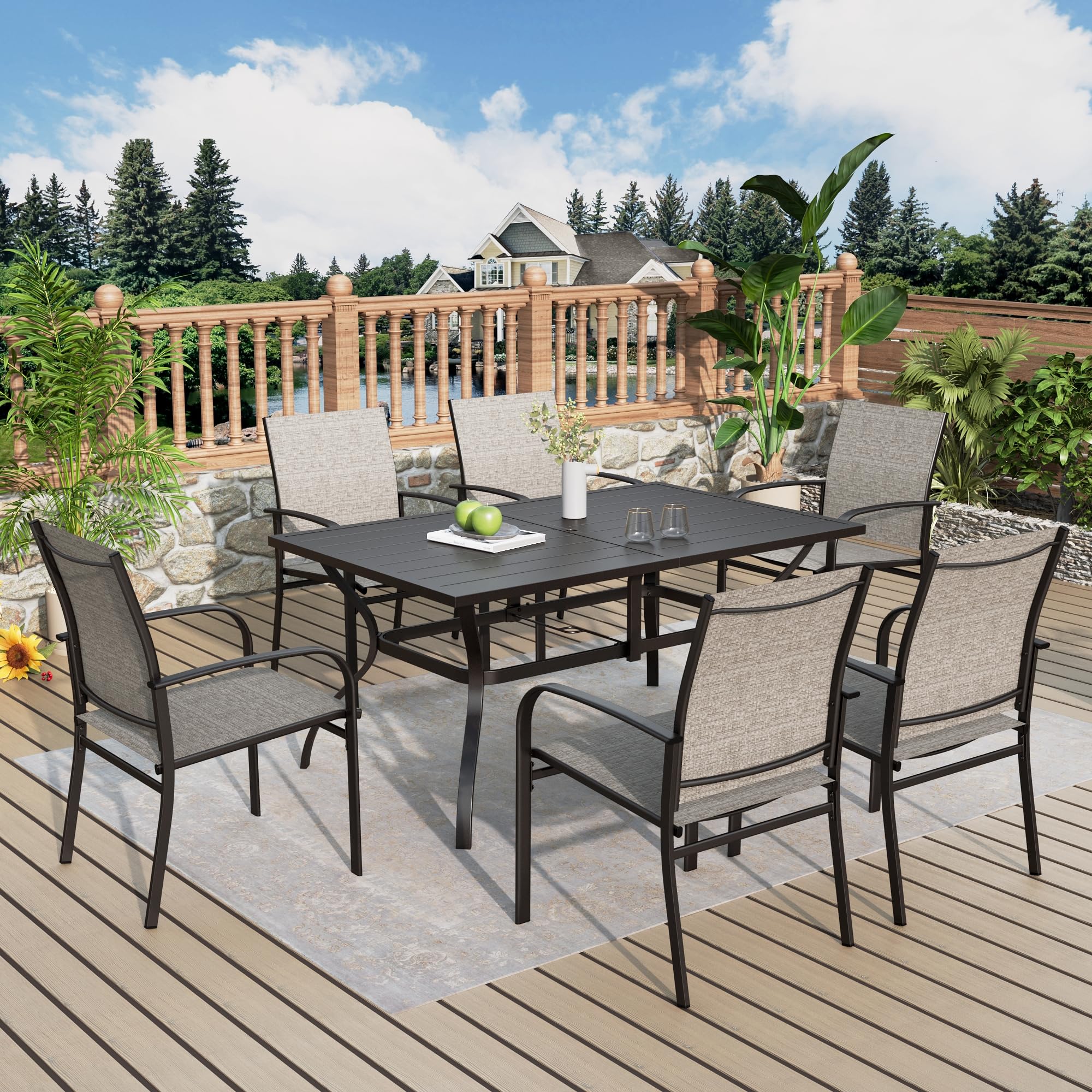 6-Piece Patio Dining Set with Brown Chairs & Metal Rectangular Table - Outdoor Furniture for Deck, Backyard, Lawn, Poolside | Perfect for BBQs, Family Gatherings & Summer Entertaining