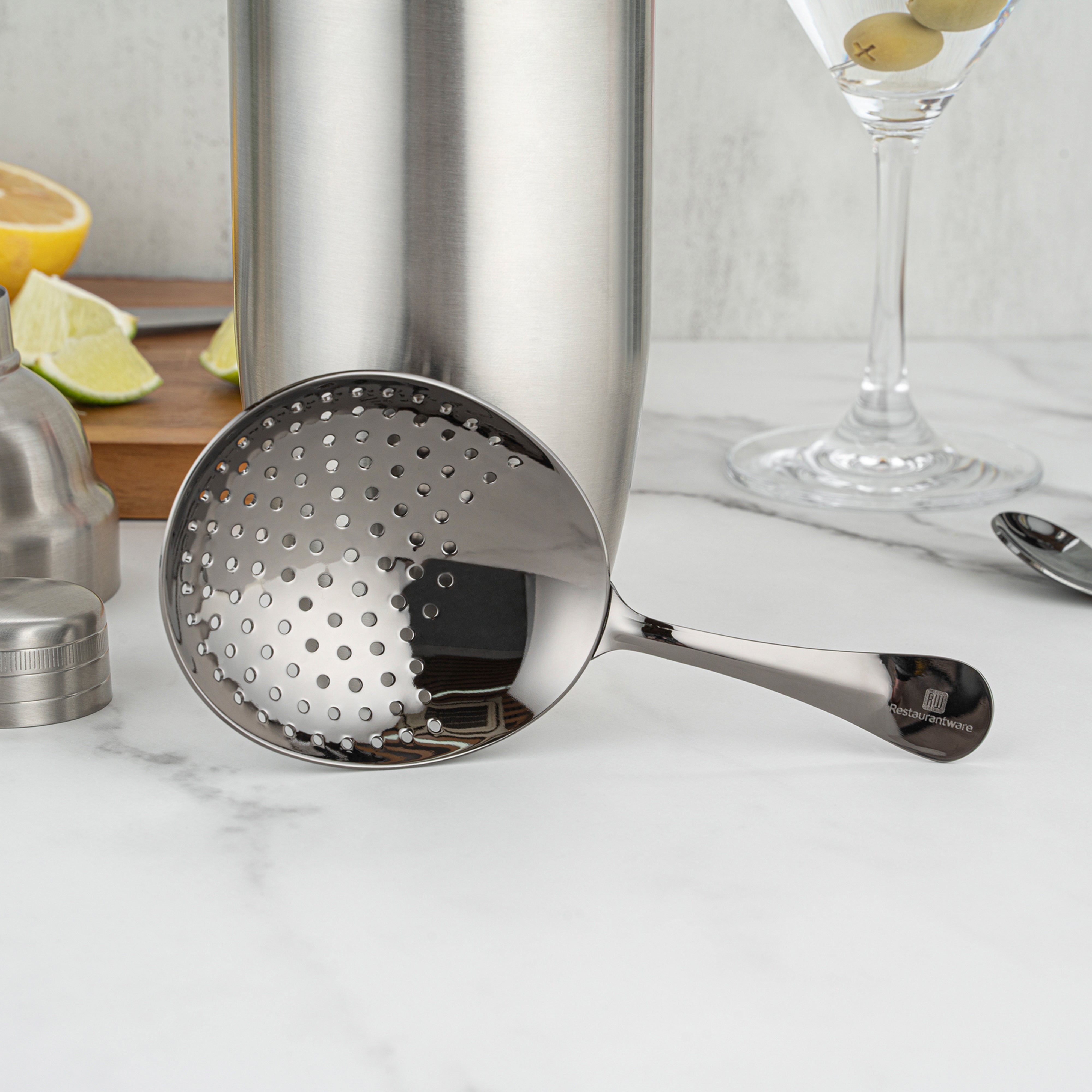 Premium Bar Lux Black Plated Stainless Steel Julep Strainer - 6.5 Inch Cocktail Tool for Mint Juleps & Mojitos - Perfect for Home Bars & Mixology Enthusiasts
