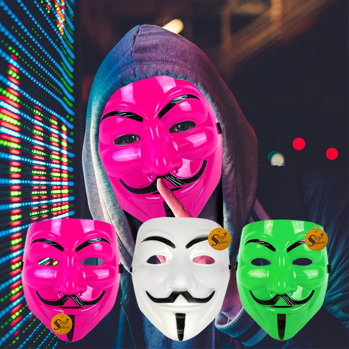 V for Vendetta Anonymous VIP Edition Face Mask - Sage Square Golden, Pink & White Set of 3 - Perfect Fit Cosplay & Halloween Costume Accessory - Protest, Movie Theme Party, and LARP Events