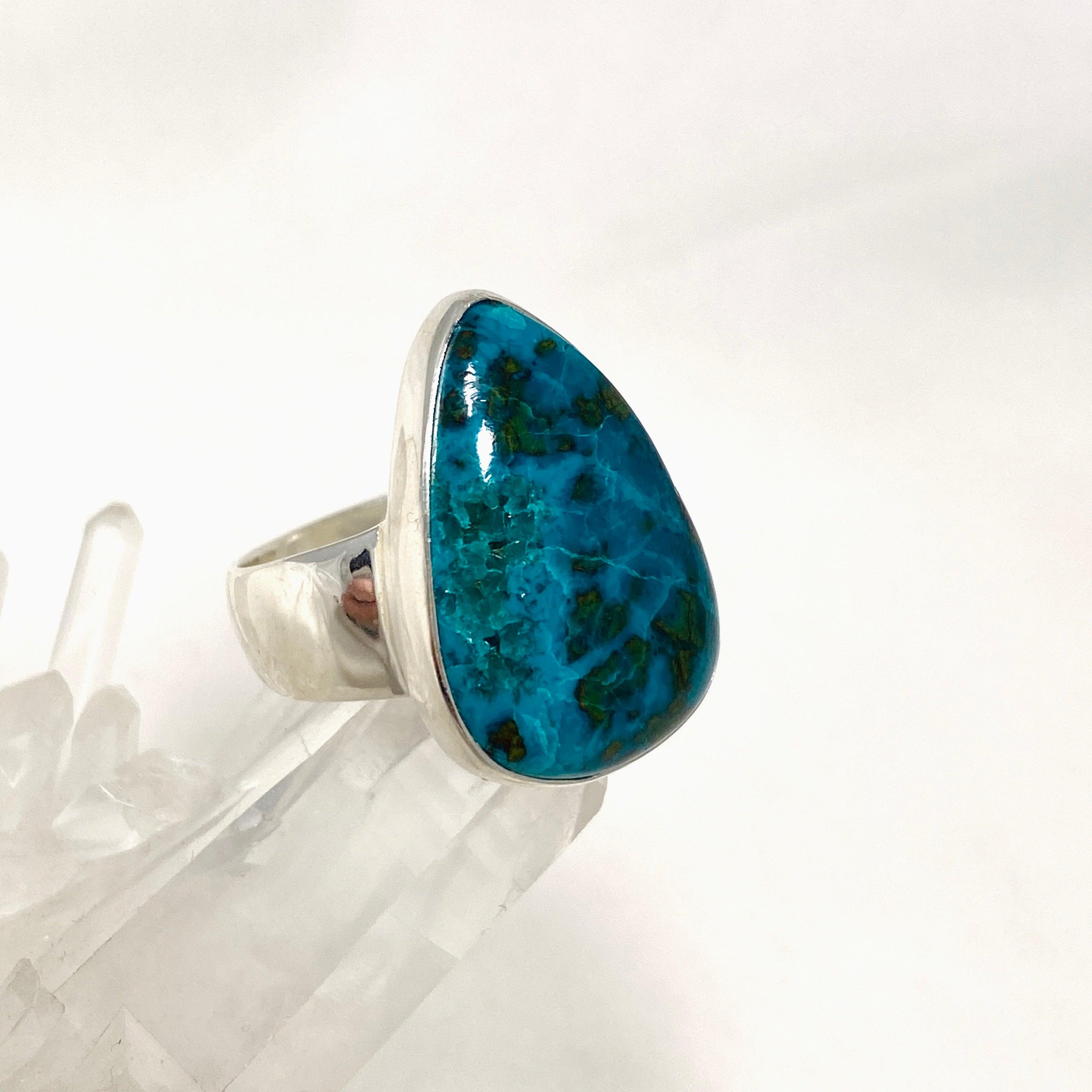 Shattuckite Dioptase Chrysocolla Teardrop Ring - Size 10 Natural Stone Jewelry KRGJ3224 | Healing Crystal Ring for Meditation & Spiritual Gifts
