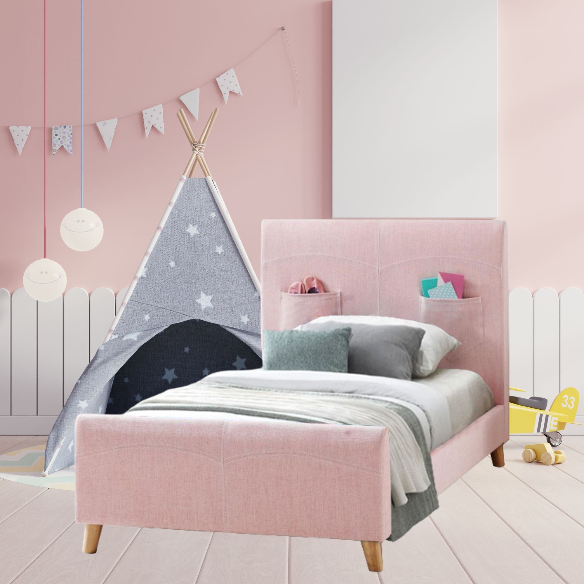 Pink Kids King Single Deluxe Fabric Upholstered Bed - Soft & Comfortable Toddler Bed for Girls Bedroom, Nursery or Playroom