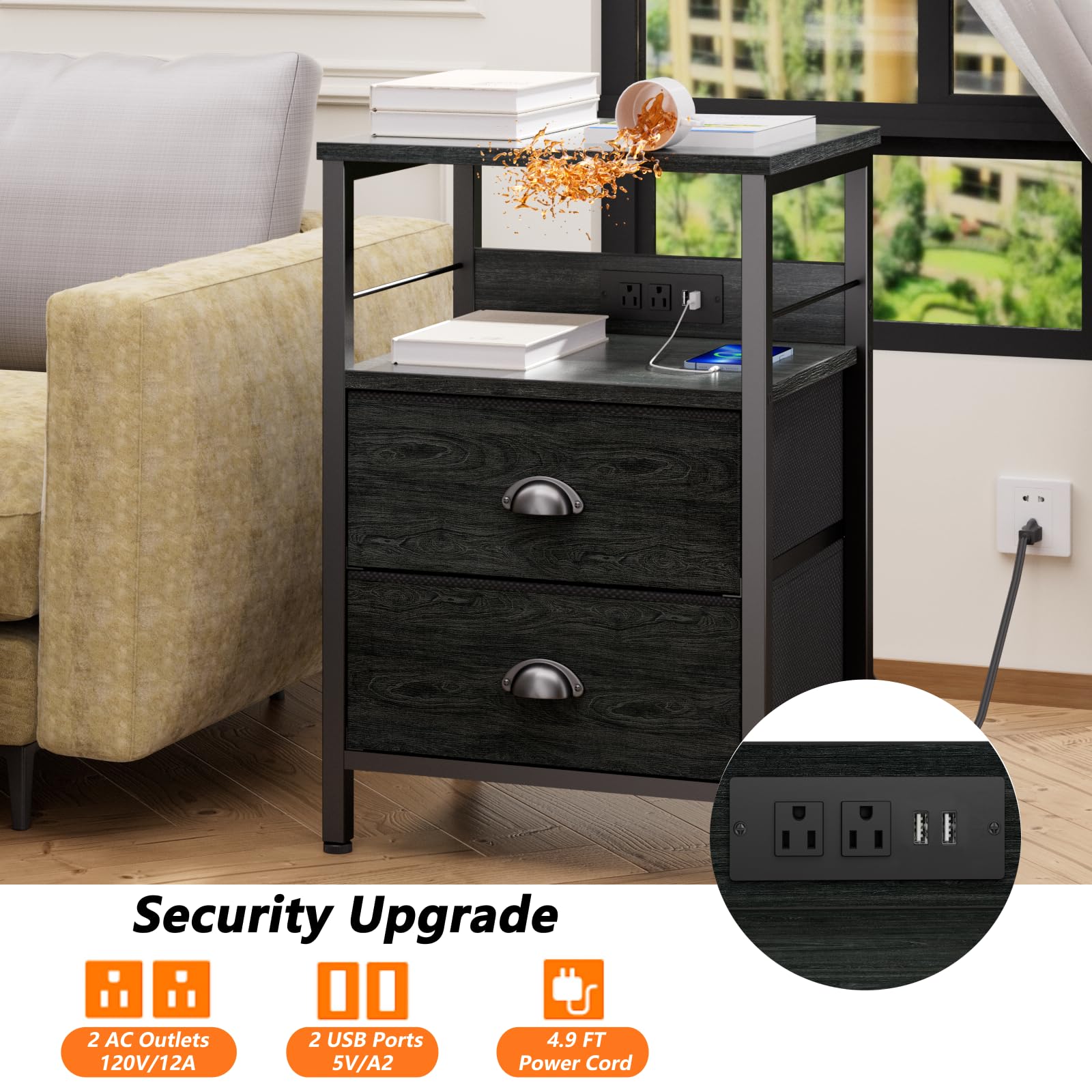 2-Piece Furologee Nightstand Set with Charging Station - Black Oak Side Tables with USB Ports, 2 Fabric Drawers & Storage Shelf - Perfect for Bedroom & Living Room Organization - Ideal for Charging Devices, Storing Books & Bedside Essentials