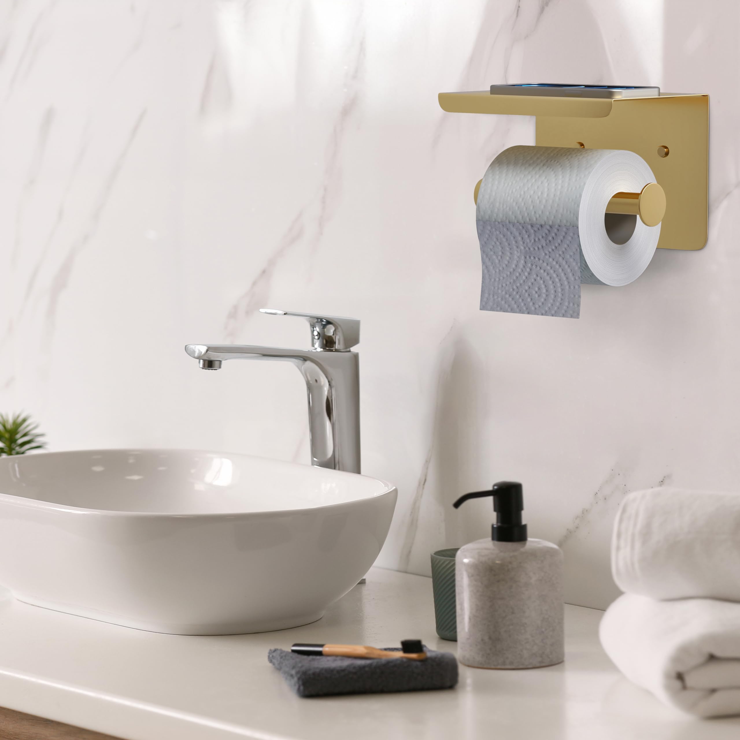 Premium Brushed Gold Toilet Paper Holder with Shelf - SUS304 Stainless Steel Waterproof Wall Mounted Bathroom Tissue Holder - Screw & Adhesive Installation - Ideal for Modern Bathrooms, Powder Rooms & Guest Baths (1 Pack)