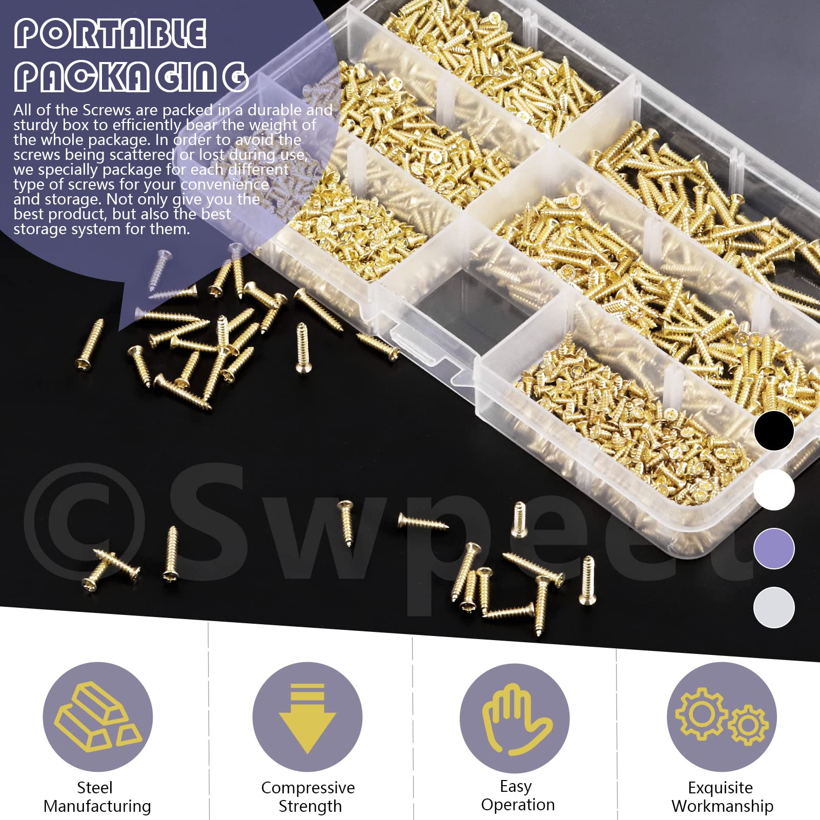 Swpeet 1295-Piece Small Wood Screws Assortment Kit - 5mm, 6mm, 8mm, 10mm, 12mm, 16mm Self Drilling Flat Head Phillips Screws - Gold Self Tapping Metal Screws for Furniture, Cabinets & DIY Projects