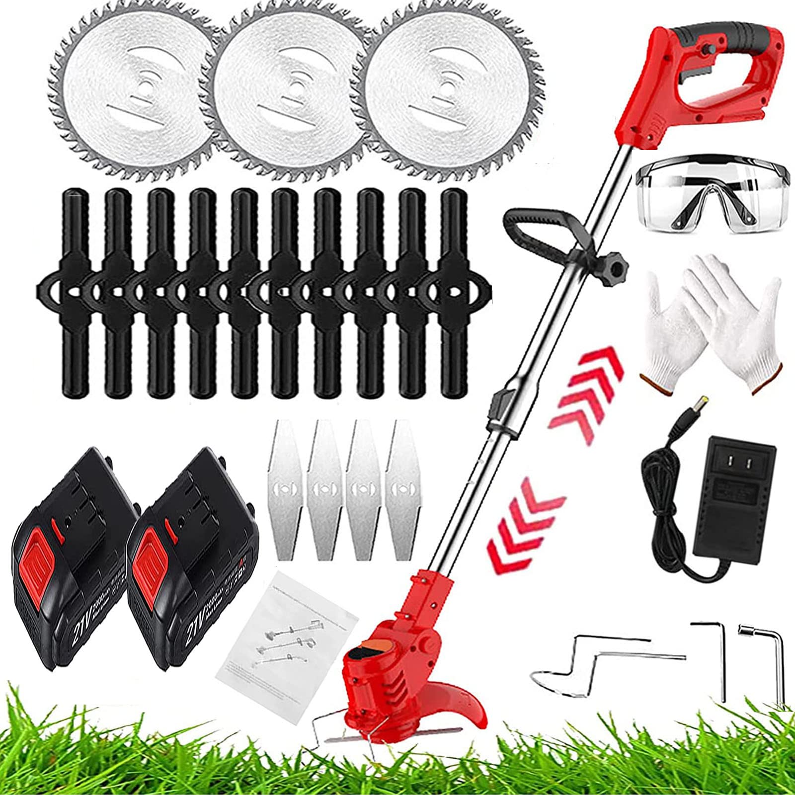 24V Cordless Electric Weed Wacker - String & Stringless Grass Trimmer & Edger with Adjustable Height, Low Noise Brush Cutter for Lawn, Garden Care & Yard Maintenance (Red) | Perfect for Trimming Grass, Edging Walkways & Maintaining Neat Landscapes