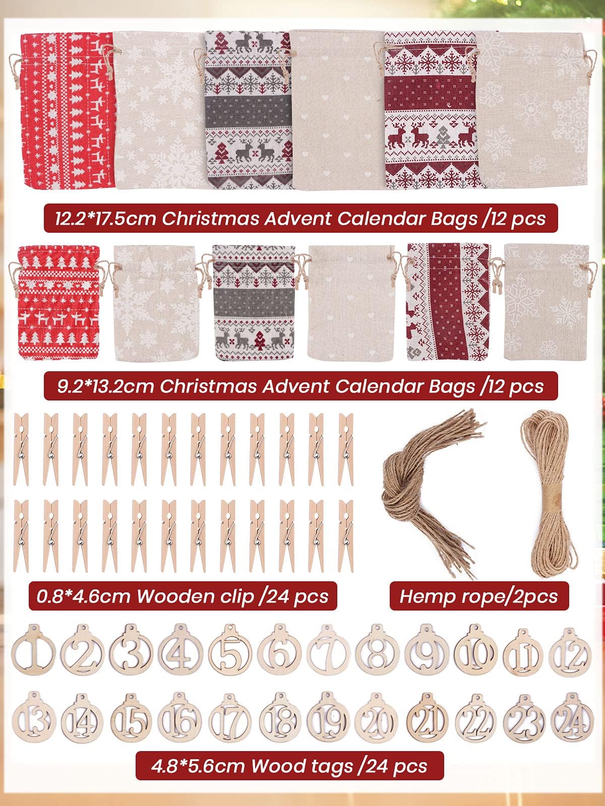24 Days Christmas Advent Calendar Bags - Burlap Drawstring Gift Bags for Kids & Adults | DIY Holiday Candy Bags, Xmas Countdown Decorations - Perfect for Home, Party & Festive Gift Giving