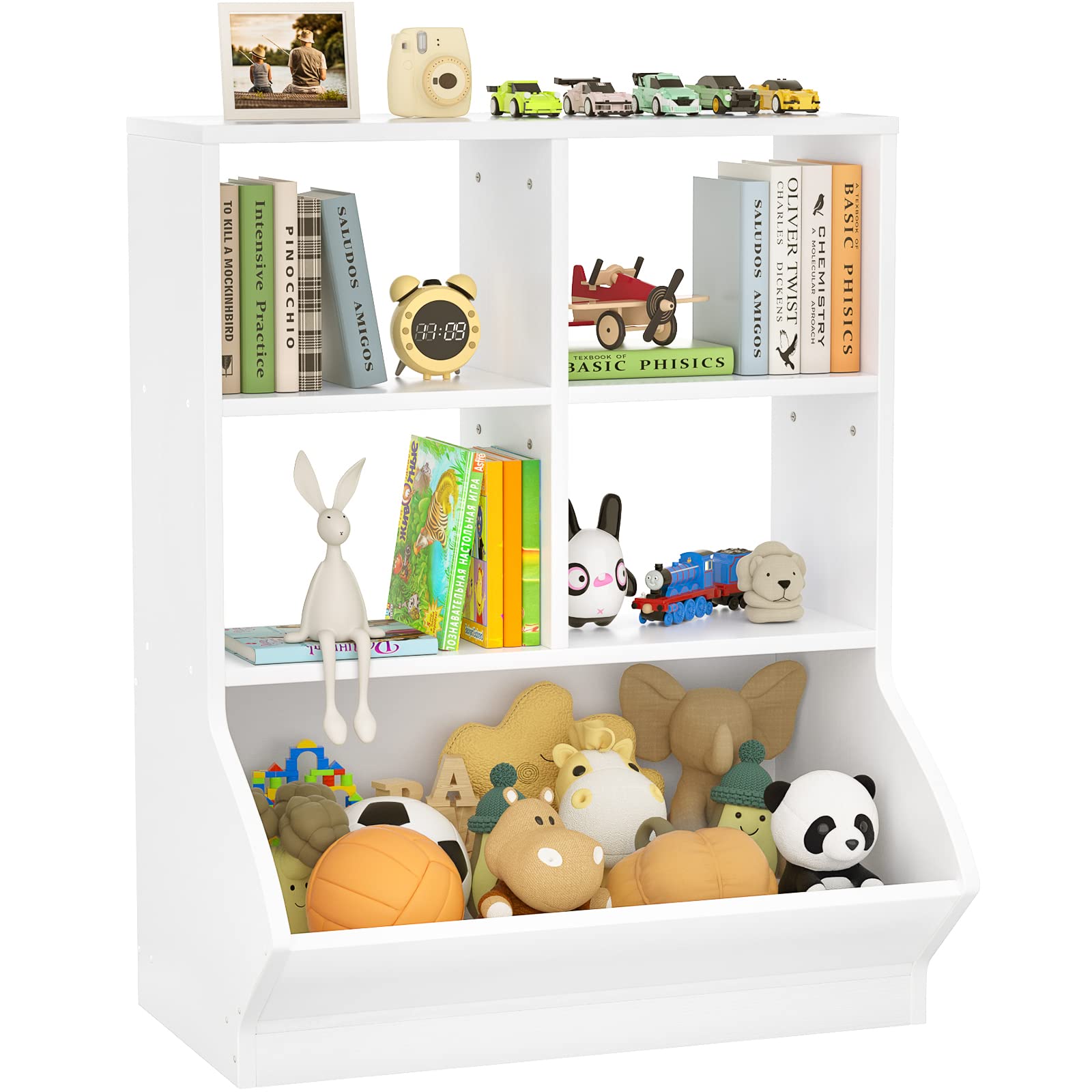 Aheaplus 5-Cube Toy Storage Organizer with Bookcase - White Open Shelf Organizer for Toys & Books - Perfect for Playroom, Bedroom, Nursery, School & Kids Room Organization