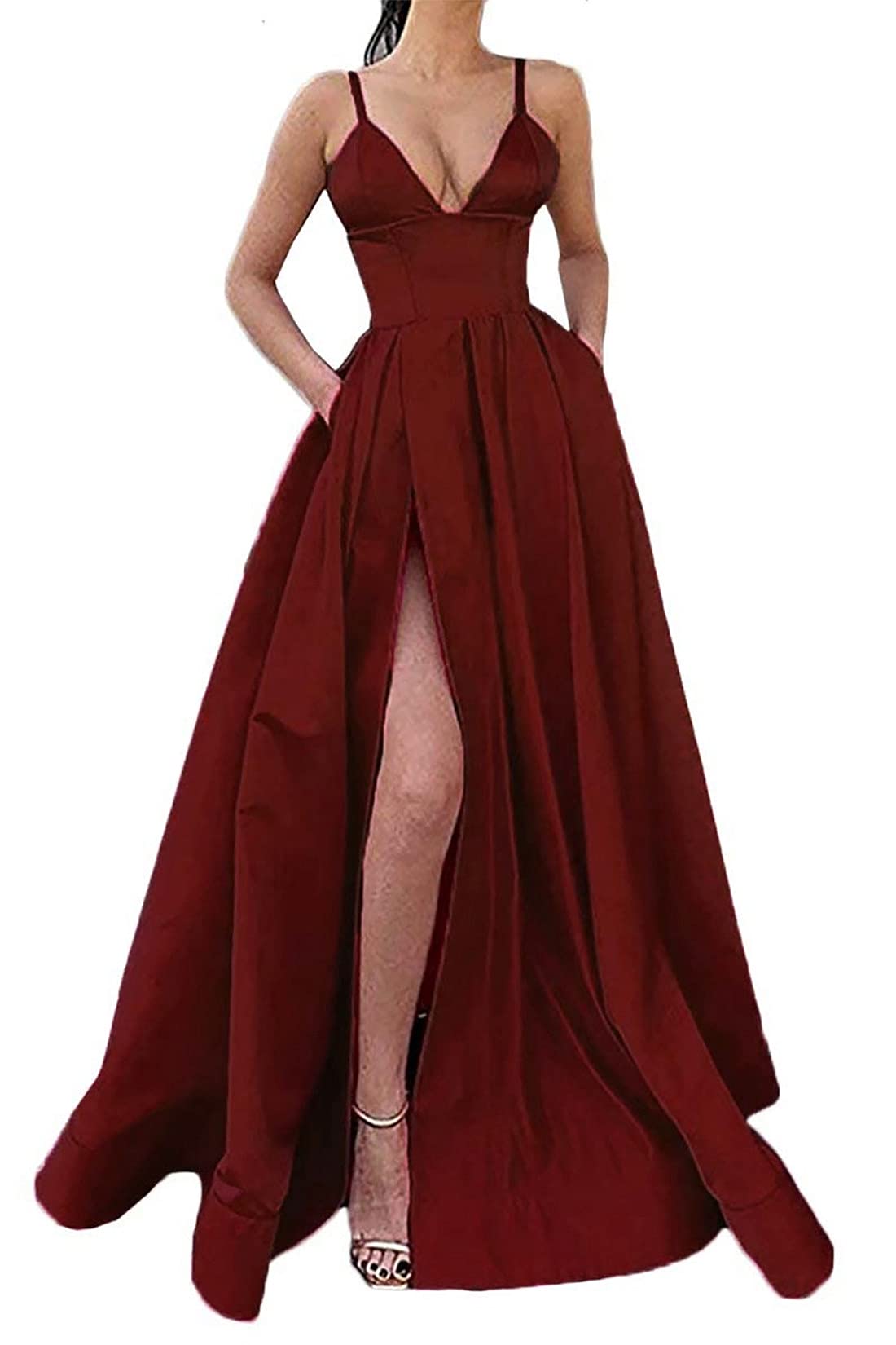 PrettyTatum Women's Prom Dresses - Elegant Long Satin Ball Gown Formal Evening Dress with V-Neck & Pockets | Perfect for Homecoming, Wedding Guest, Gala & Special Occasions