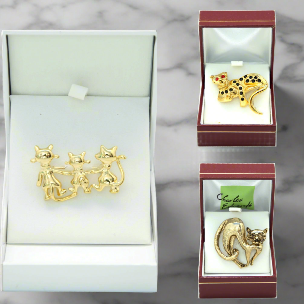 3-Piece Gold Crystal Cat Brooch Set - Leopard, Trio & Hunching Cat Scarf Pins - Elegant Gift for Cat Lovers (Perfect for Scarves, Shawls, Coats & Special Occasions)