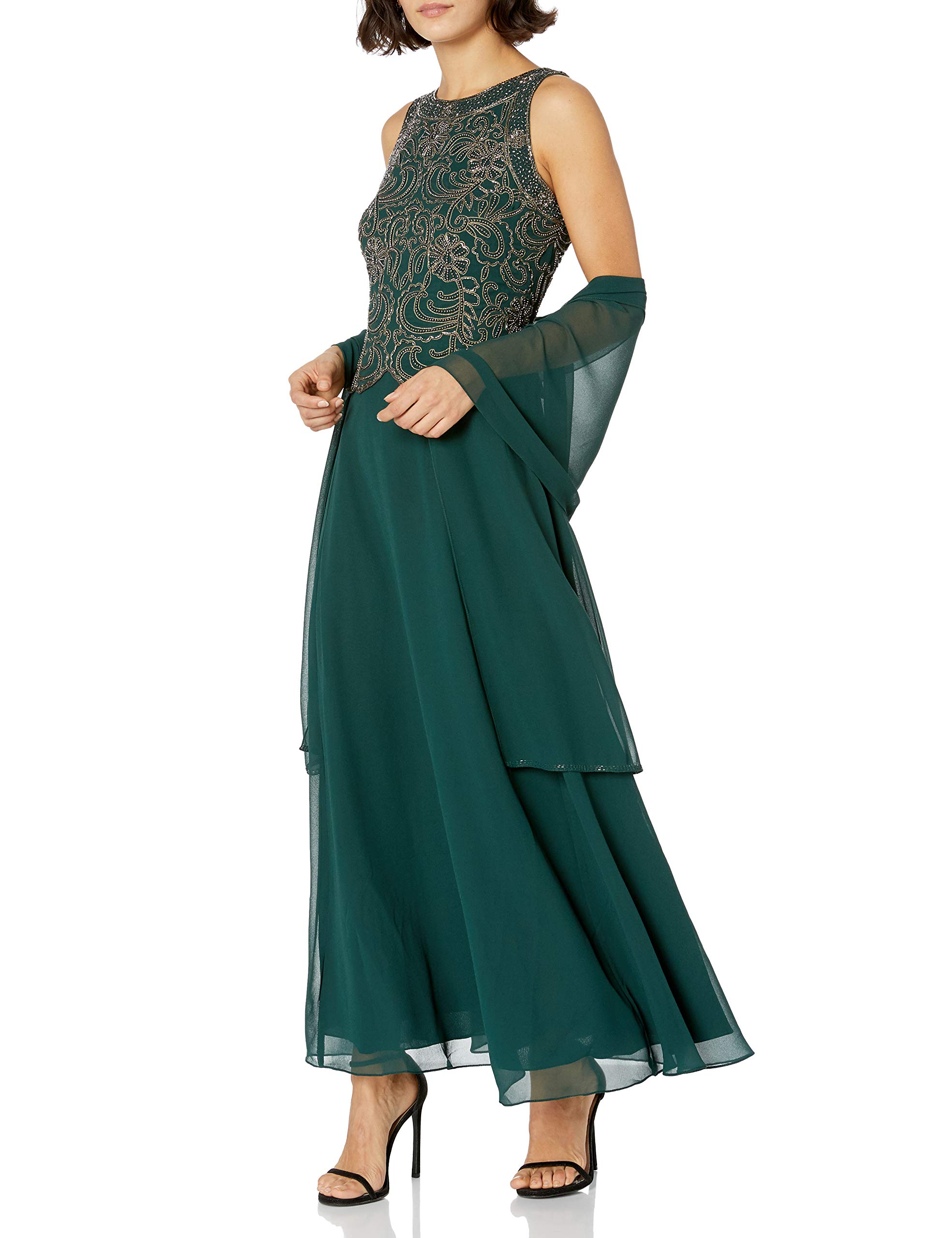 J Kara Women's Petite Sleeveless Scallop Neck Beaded Maxi Dress with Detachable Scarf - Elegant Evening Gown for Weddings, Parties & Special Occasions
