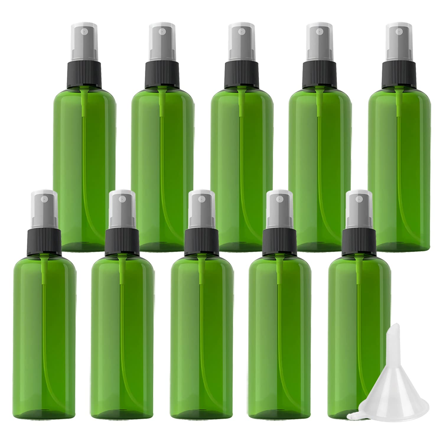 LusDoly 100 Pack - 100ml Empty Green Plastic Fine Mist Spray Bottles with Black Sprayer for Perfume, Water, Cosmetics | Travel Size Refillable Atomizer Bottles with 1 Funnel | Perfect for DIY, Skincare, Haircare & Travel Essentials