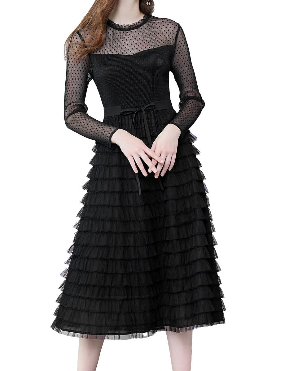 Elegant Women's Long Sleeve Mesh Layered Chiffon Midi Dress for Wedding Guest, Cocktail, Prom & Evening Party - Perfect for Formal Events, Date Nights & Special Occasions
