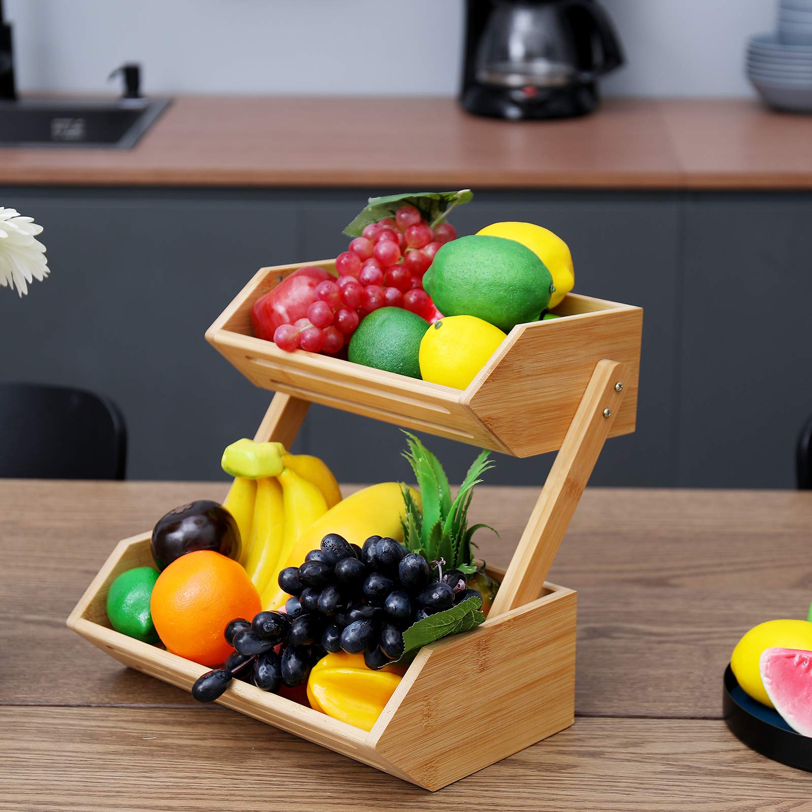 WELLAND 2-Tier Bamboo Countertop Fruit Basket Bowl - Kitchen & Dining Table Organizer for Bread, Vegetables & Snacks | Perfect for Pantry Storage, Counter Display & Healthy Snacking