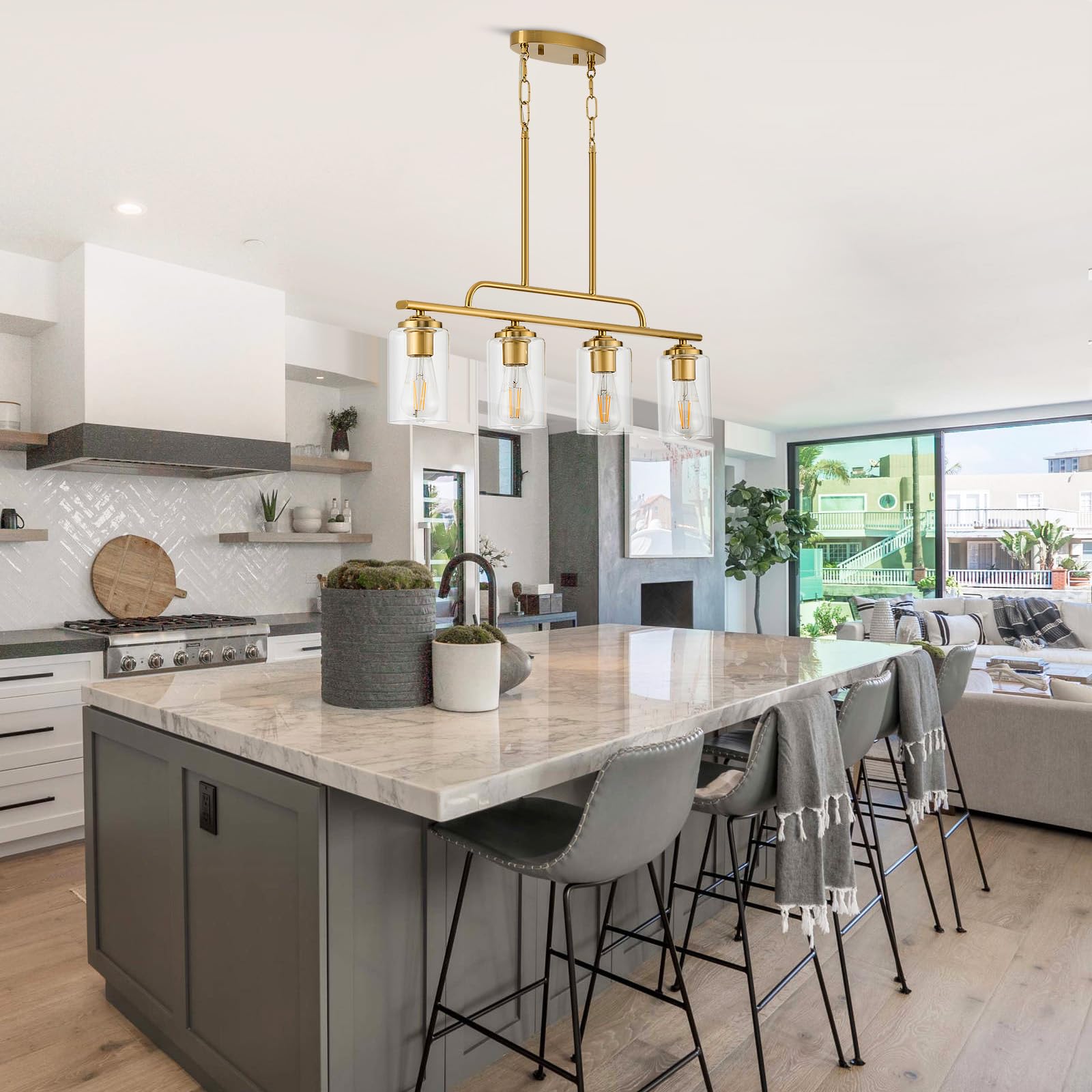 Brushed Gold Modern Linear Chandelier - 4-Light Pendant Lighting Fixture for Kitchen Island & Dining Room | Durable Ceiling Hanging Light Over Table | Perfect for Contemporary Homes, Restaurants, and Open-Concept Spaces