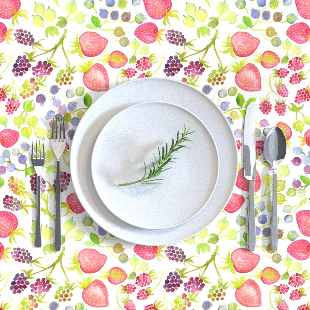 Custom Summer Berries Watercolor Fruit Print Cotton Sateen Tablecloth 70x90 Inches - Whimsical Strawberry Design for Dining Room, Kitchen Decor & Party Table Setting