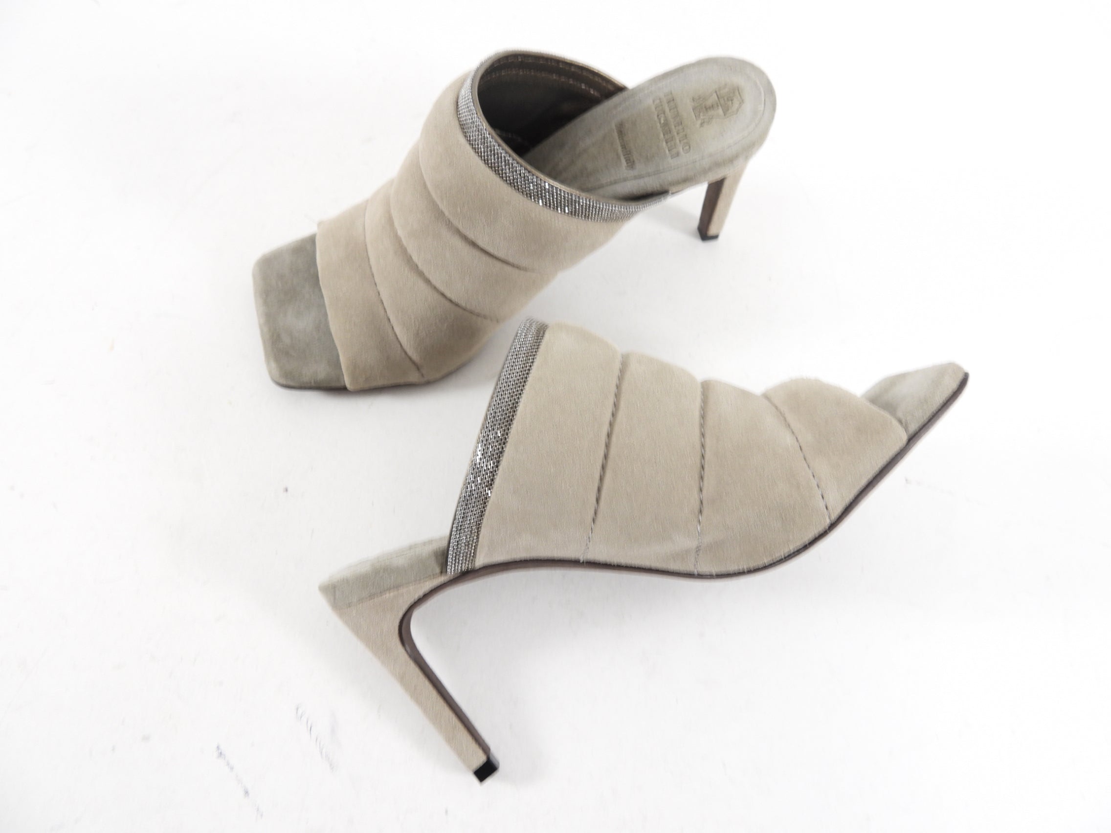 Brunello Cucinelli Grey Suede Padded Monili Mule Sandals - Women's Size 36.5/37 EU (5.5/6 US) - Comfortable Luxury Slide Sandals for Summer, Beach & Casual Outings