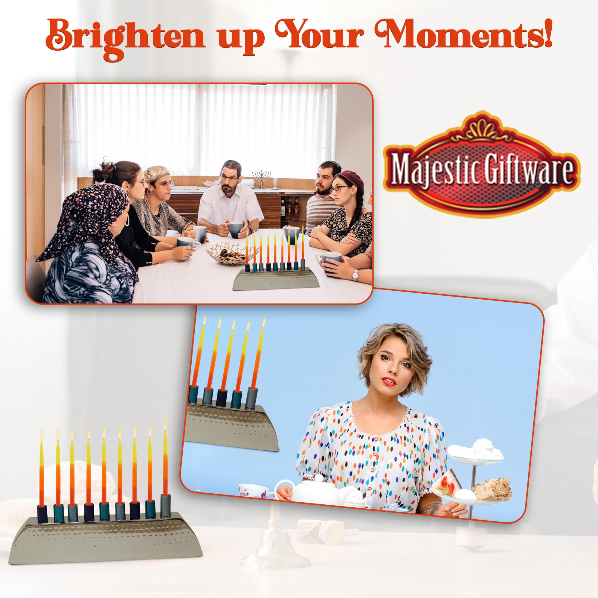 Majestic Giftware Aluminum Nickel-Plated Hanukkah Menorah with Gold Hammered Finish & Blue Cups (MN11128-BL) - 3