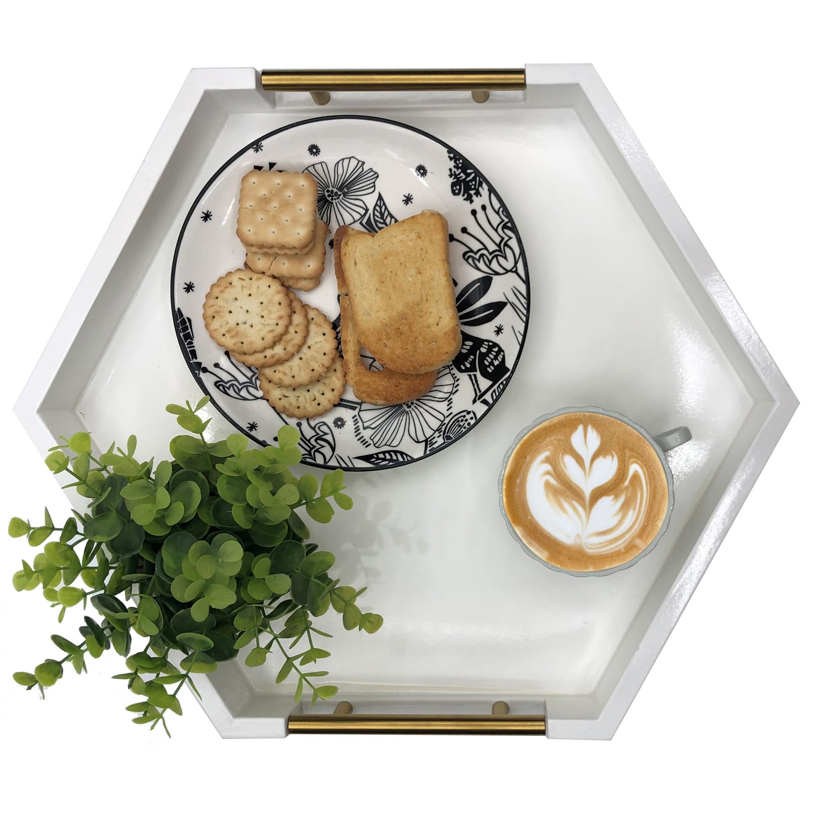 Hexagon Serving Tray with Polished Metal Handles - Modern Rectangle Coffee Table Tray for Living Room - Large Ottoman Storage Tray for Home Decor, Display & Organization (White) - Perfect for Coffee Tables, Sofa Trays & Bedside Organization