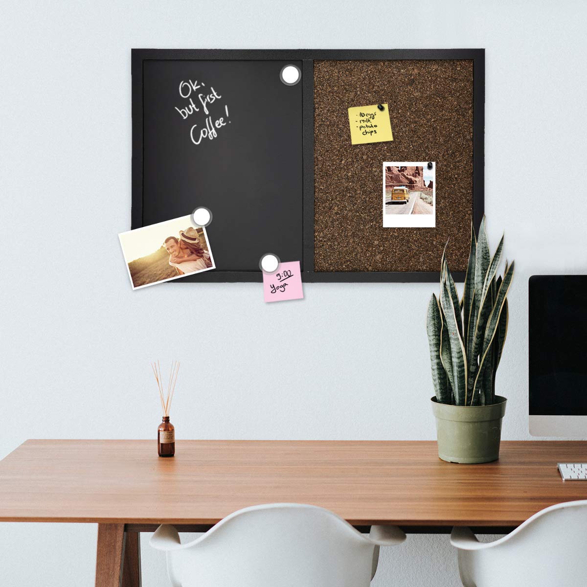 Navaris 16x24 Inch Magnetic Chalkboard and Cork Bulletin Board Combo - Framed Wall Mounted Blackboard with Chalk, Push Pins & Magnets - Perfect for Home Office, Classroom, Kitchen Memo Board and Kids Room Organization
