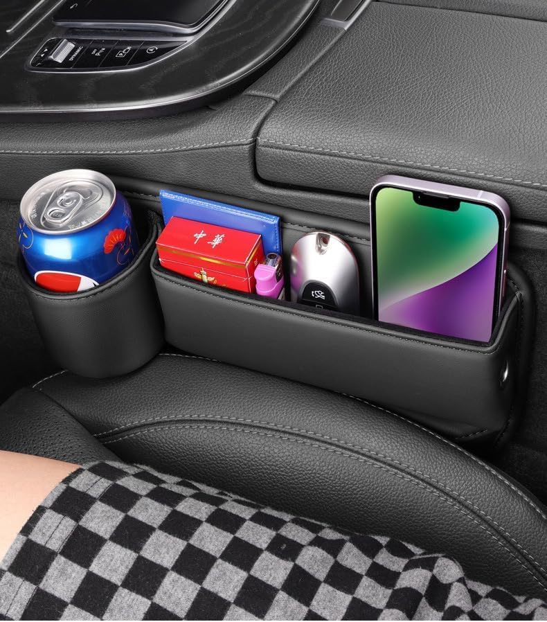 Premium Leather Car Seat Gap Organizer - Adjustable Cup Holder & Storage Box for Phones, Keys, Cards & Glasses | Perfect for Passenger Seat | Ideal for Road Trips, Commuting & Daily Car Organization