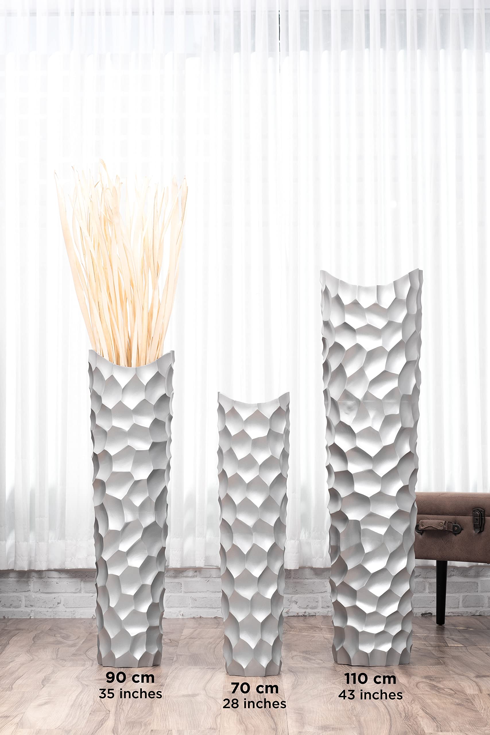 Leewadee 36 Inch Large Silver Floor Vase - Wooden Farmhouse Decor for Flowers, Fake Plants & Pampas Grass | Perfect for Living Room, Entryway & Wedding Centerpieces