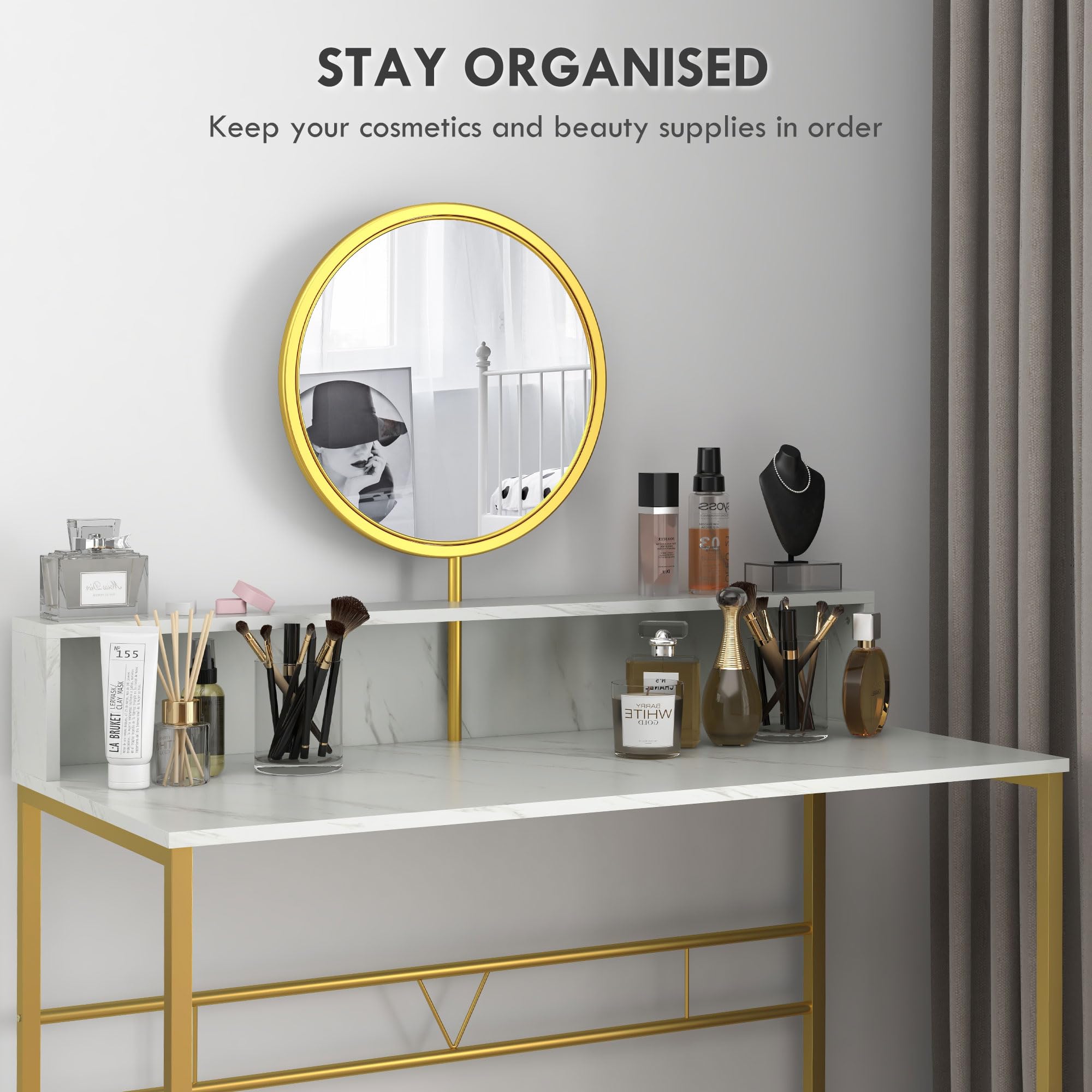 Modern Vanity Makeup Desk with Mirror - White & Gold Dressing Table with Open Storage, Faux Marble Finish & Steel Frame for Bedroom | Perfect for Makeup Organization, Beauty Routine & Small Space Decor