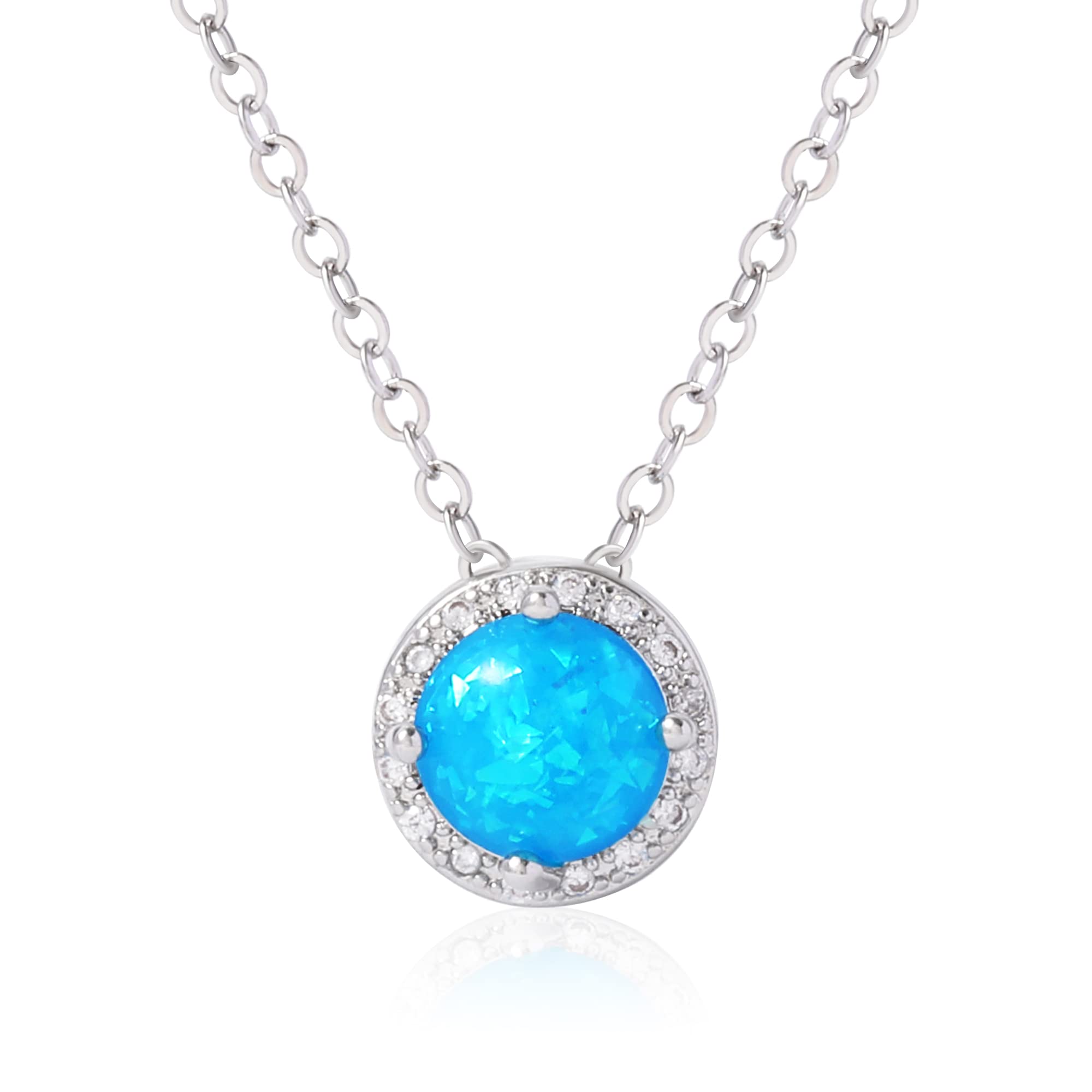 Blue Opal Halo Stud Earrings & Beaded Necklace Set - Silver Plated Hypoallergenic Cubic Zirconia Jewelry for Women & Girls | Perfect for Weddings, Parties & Gift Giving
