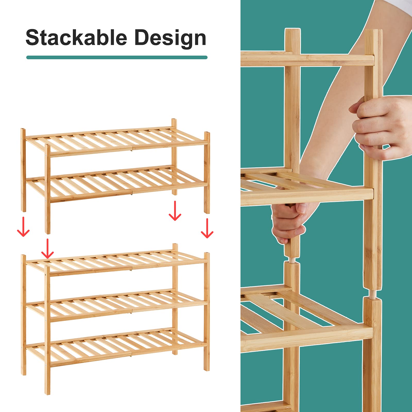 5-Tier Bamboo Shoe Rack - Stackable & Foldable Shoe Organizer for Entryway, Hallway, Closet - Natural Wood Shoe Storage Shelf for Indoor & Outdoor Use - Perfect for Small Spaces, Apartments, Dorm Rooms
