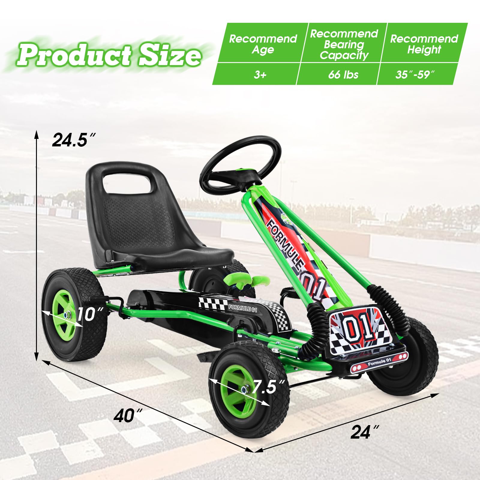 **HONEY JOY Kids Go Kart - Adjustable Seat, Safety Brakes & EVA Tires - Green Pedal-Powered Ride-On Car for Outdoor Play and Backyard Fun**