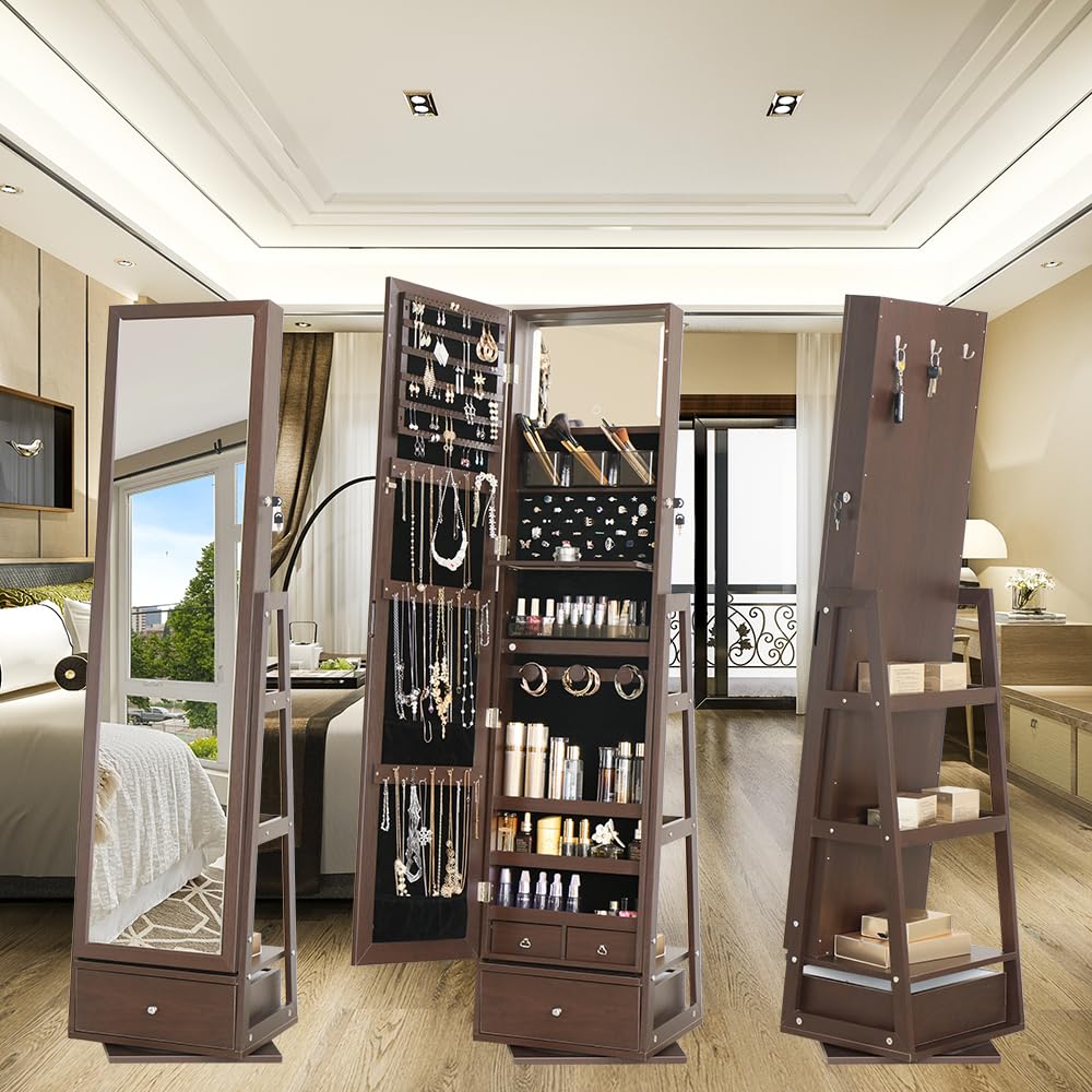 Swivel Full-Length Mirror Jewelry Cabinet with Lockable Storage - 63.7