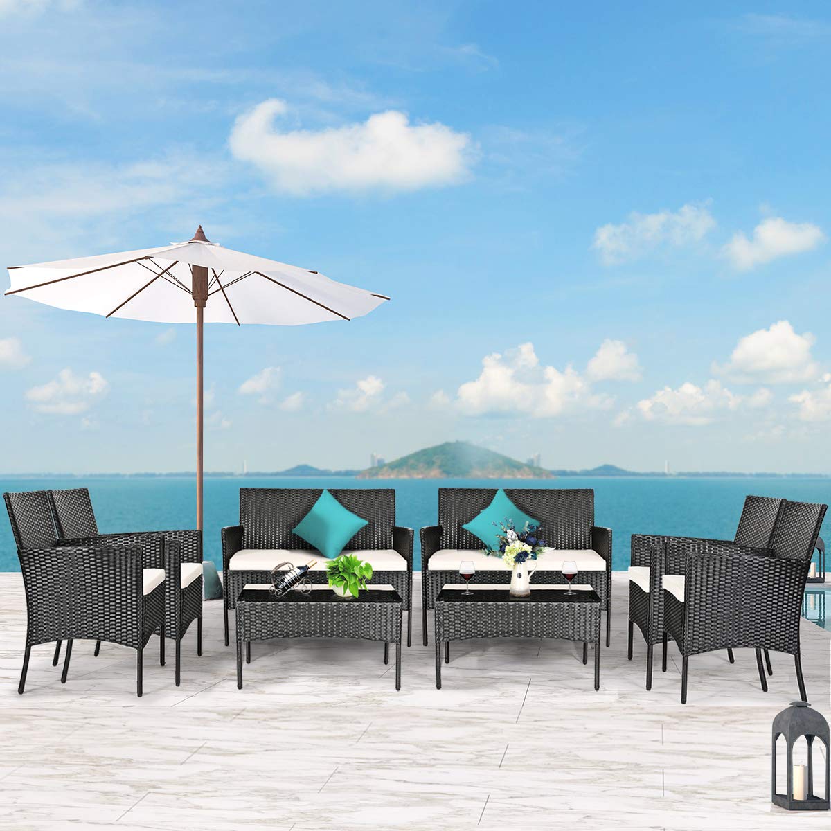 Tangkula 8-Piece Outdoor Patio Furniture Set - All-Weather Wicker Sofa Set with Tempered Glass Coffee Table, Rattan Loveseat & Chairs with Thick Cushions - Perfect for Backyard, Garden, Poolside & Patio Relaxation (Beige, 2-Person Seating)