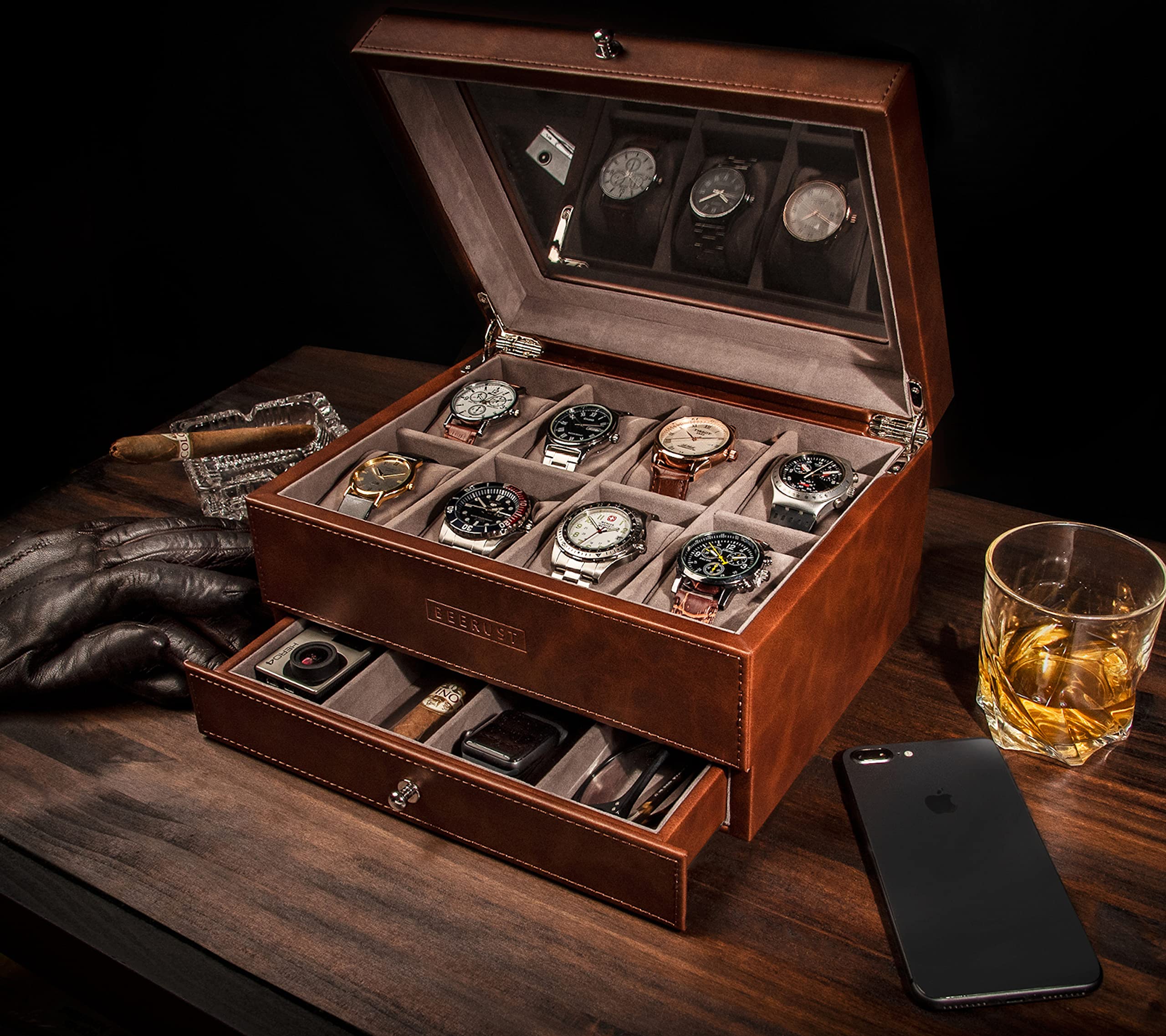 Premium Leather Watch Box Organizer for Men - Luxury Watch Case with Valet Drawer - Large Watch Storage for Men's Wristwatches & Jewelry - Elegant Watch Display Case for Home, Office, and Travel