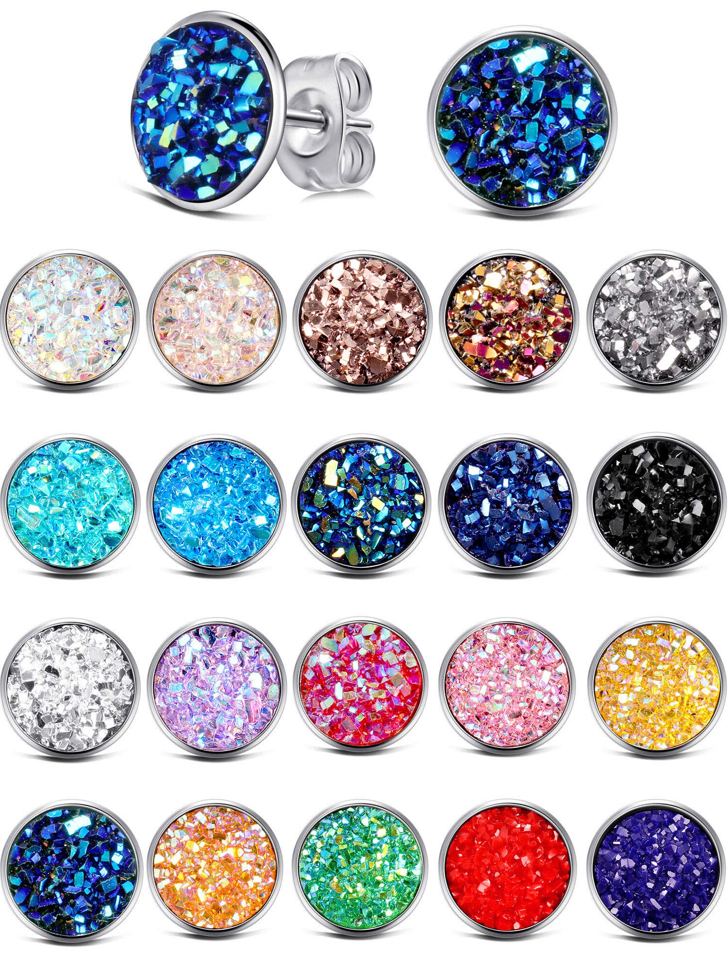 20 Pairs Round Stud Earrings for Women & Men - Stainless Steel Druzy Stud Earrings Set - Hypoallergenic & Anti-Sensitive - Perfect for Birthday Parties, Gifts & Everyday Wear